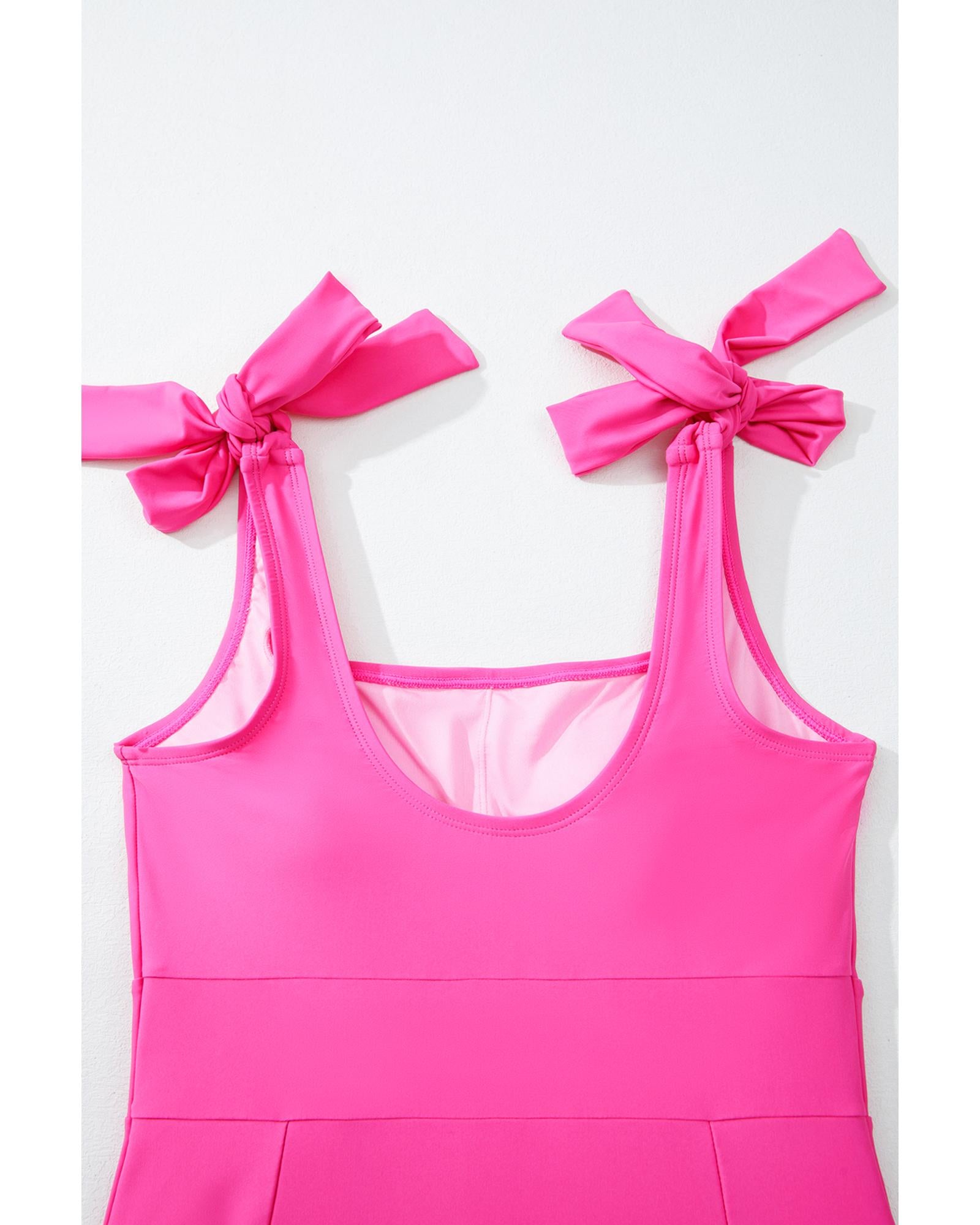 Rose Red Square Neck Knotted Shoulder Open Back One Piece Swimsuit - S 5