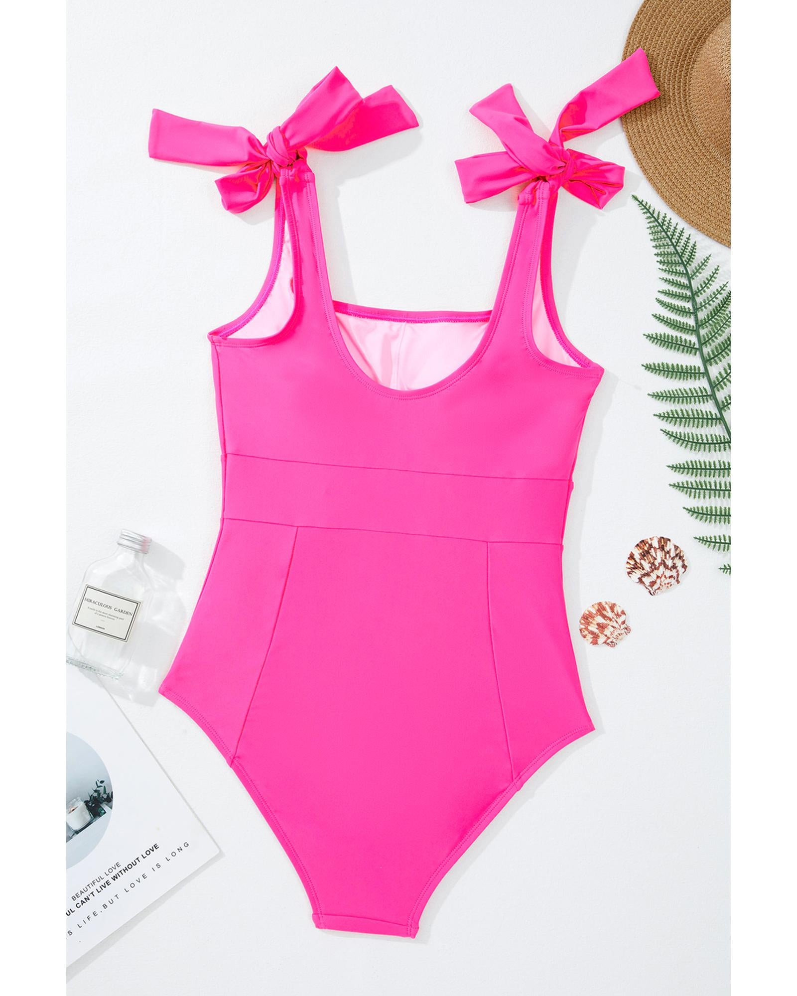 Rose Red Square Neck Knotted Shoulder Open Back One Piece Swimsuit - XL 6