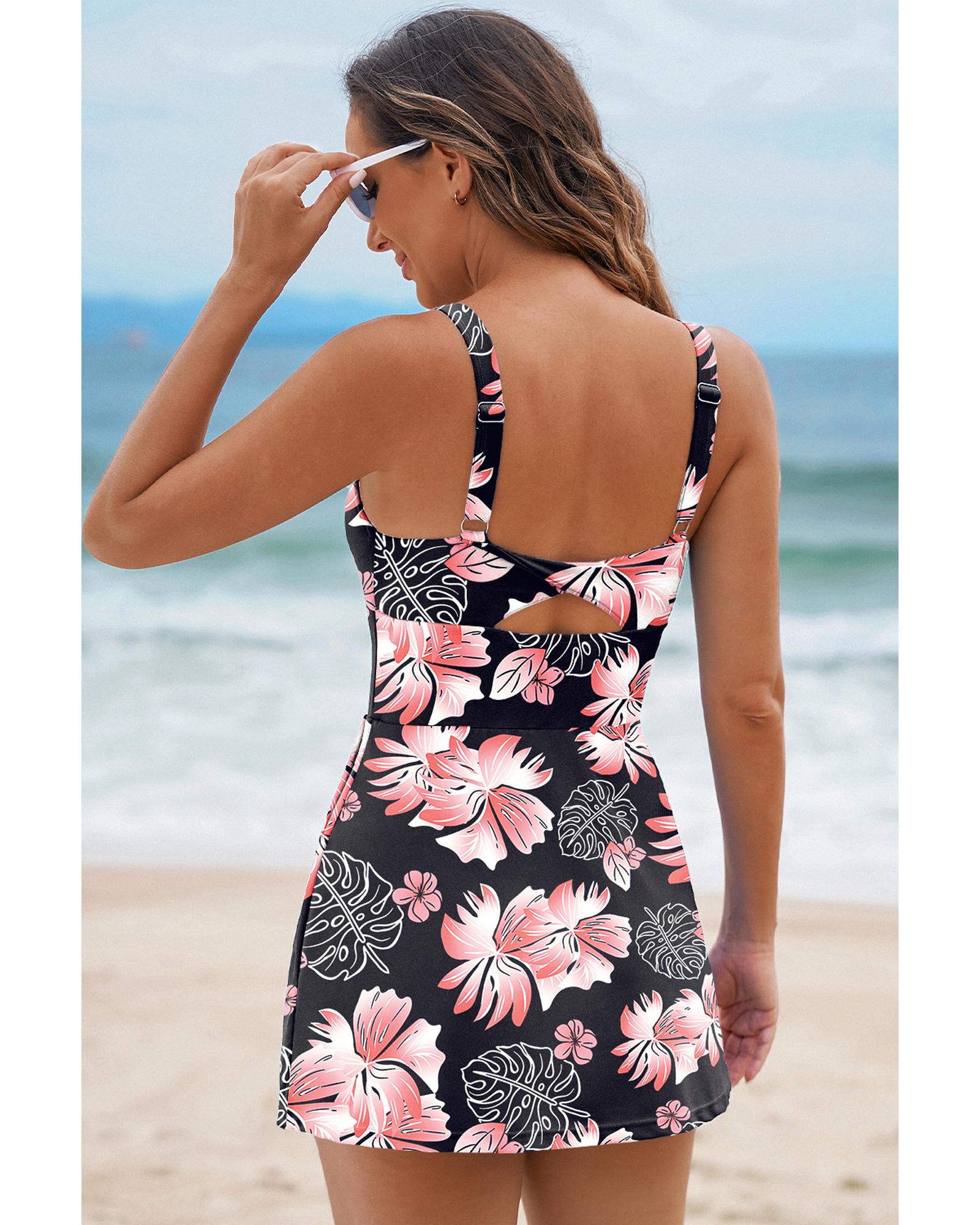Black Floral Print Twisted Hollowed Back Swim Dress - L