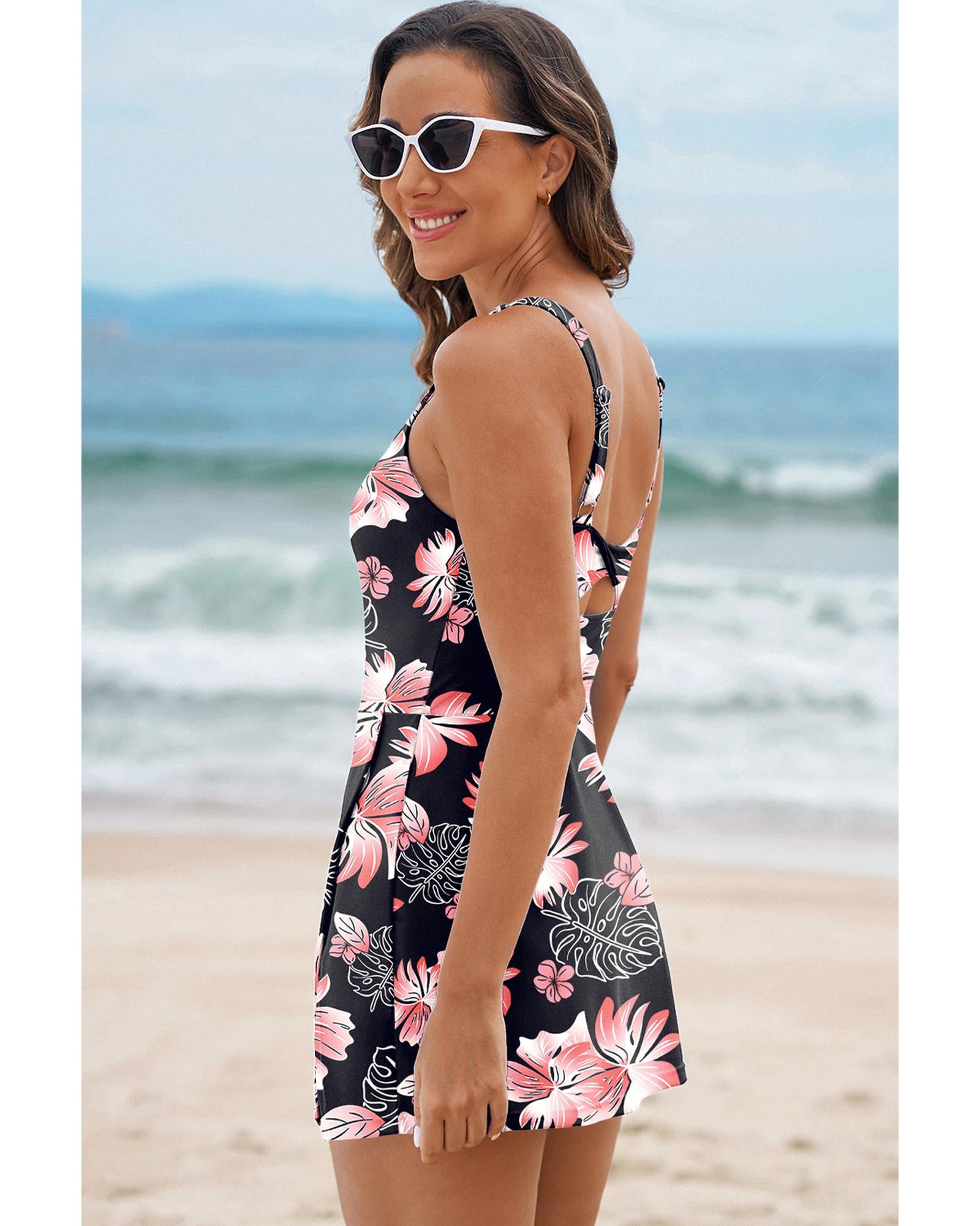 Black Floral Print Twisted Hollowed Back Swim Dress - L 3