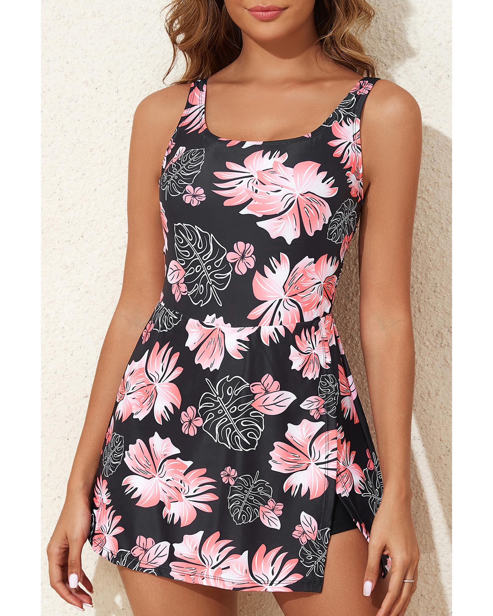Black Floral Print Twisted Hollowed Back Swim Dress - L 8