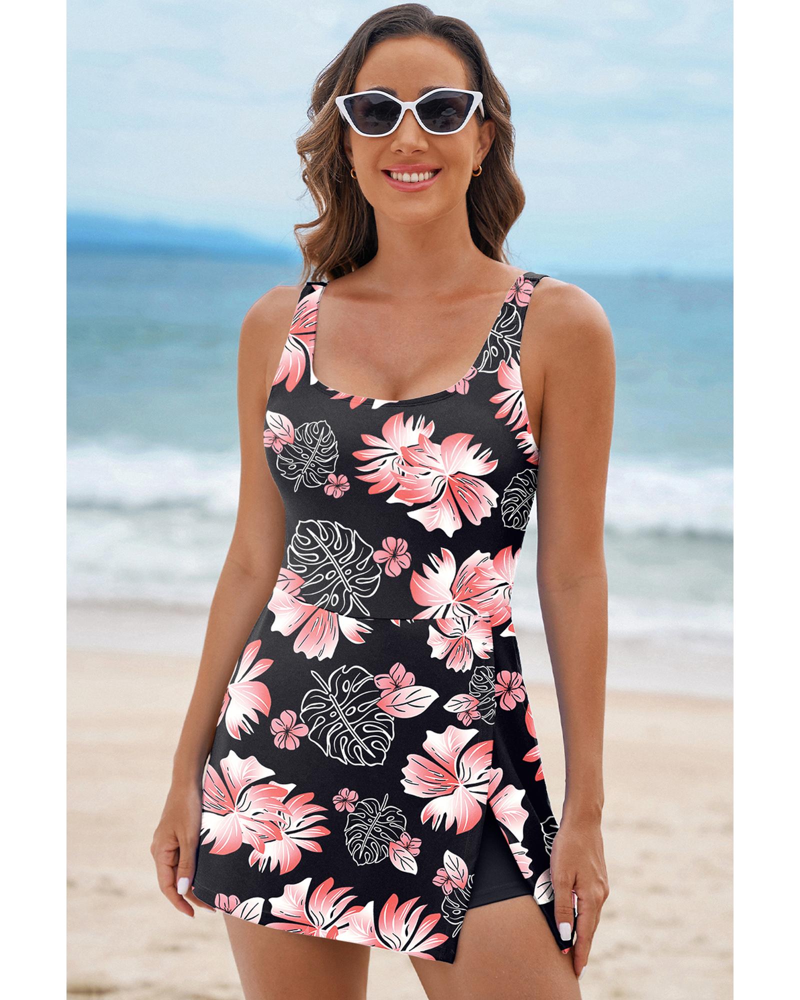 Black Floral Print Twisted Hollowed Back Swim Dress - M 5