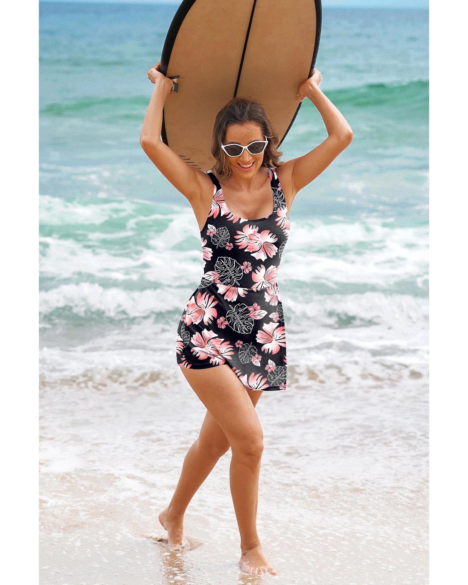 Black Floral Print Twisted Hollowed Back Swim Dress - M 7