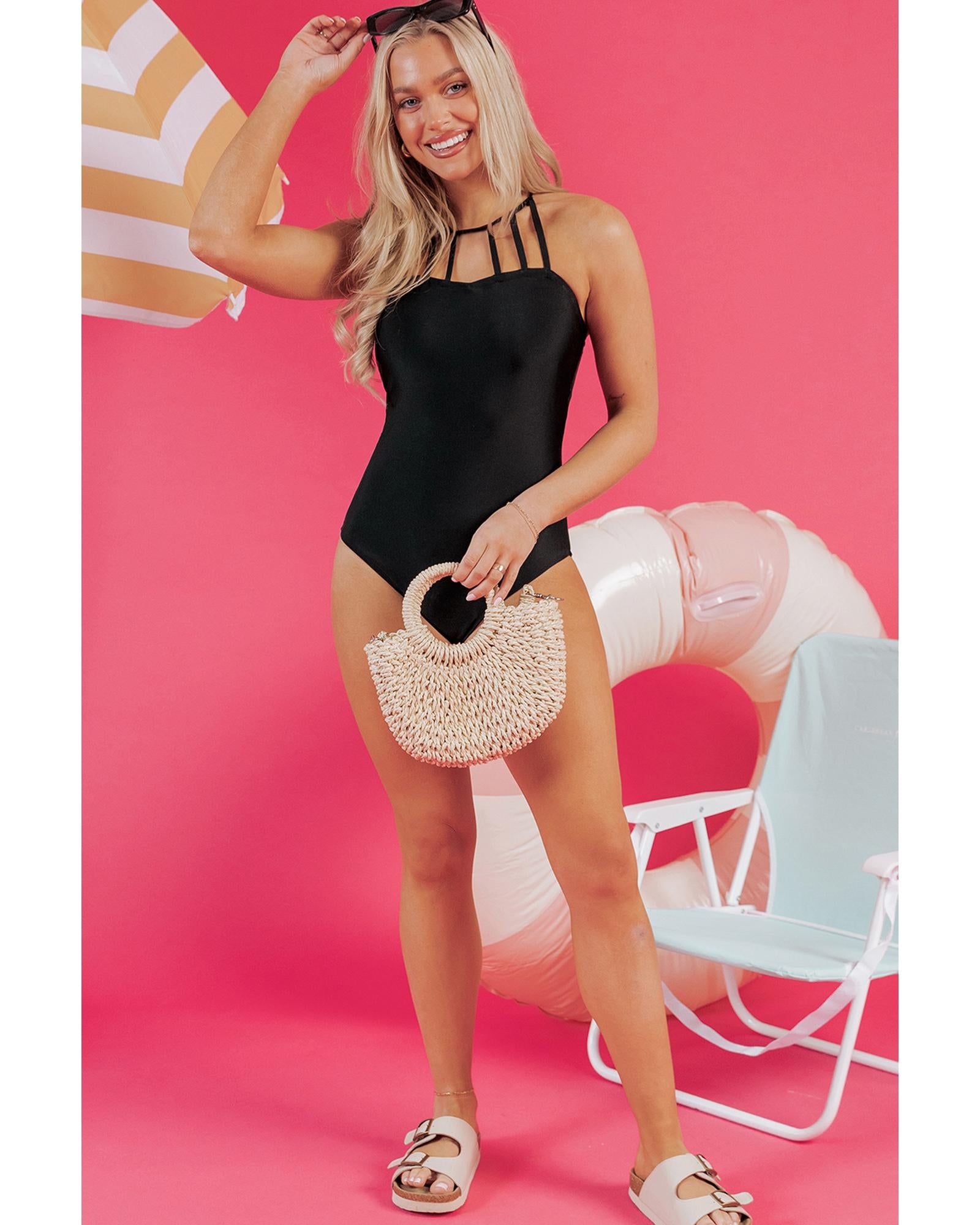Black Sleeveless Strappy Halter Neck Sexy One Piece Swimsuit - 2XL 5