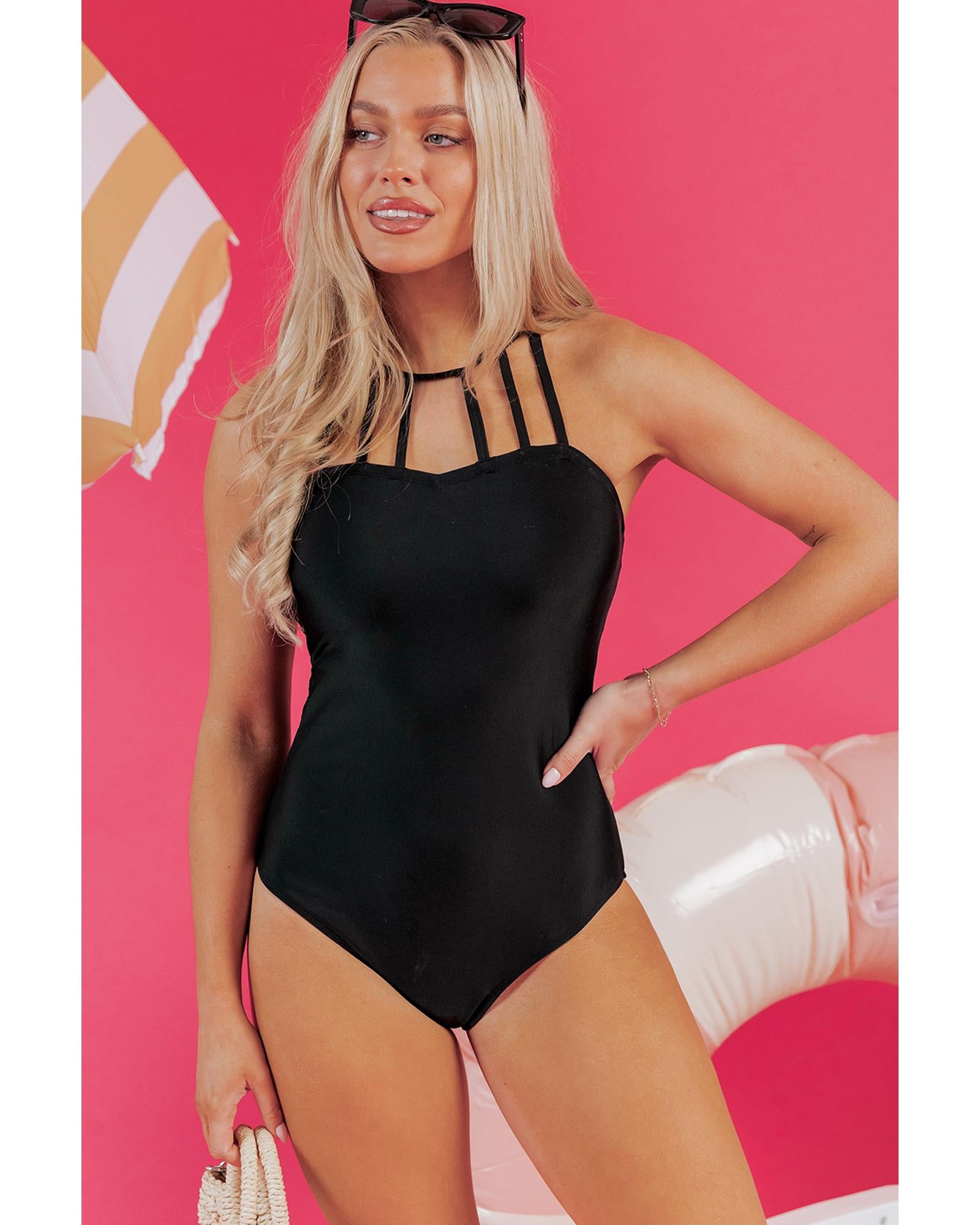 Black Sleeveless Strappy Halter Neck Sexy One Piece Swimsuit - 2XL 6