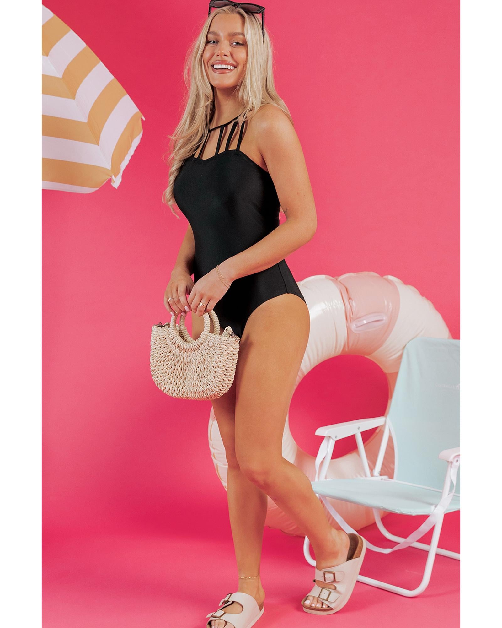 Black Sleeveless Strappy Halter Neck Sexy One Piece Swimsuit - S 3