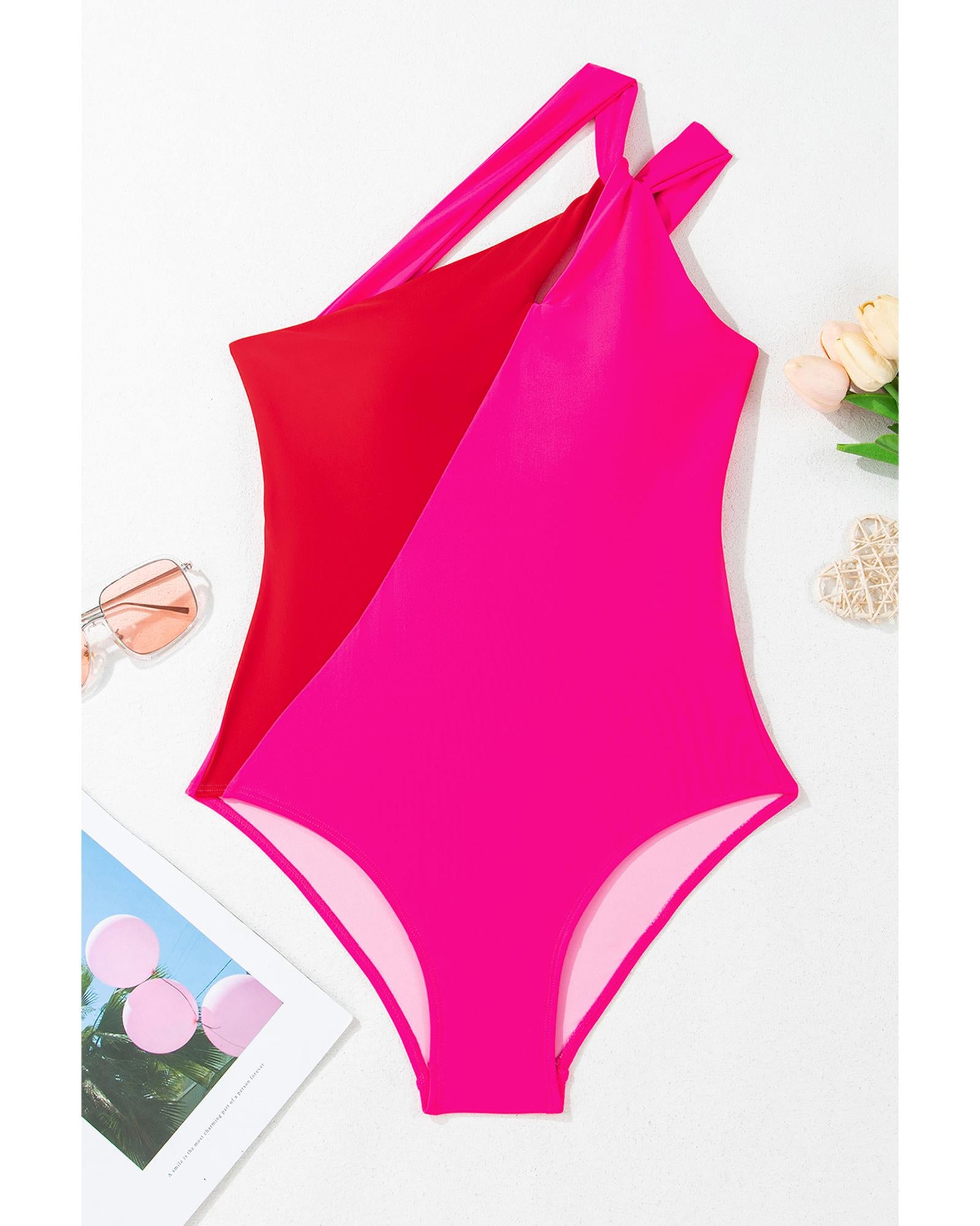 Rose Red Knotted One Shoulder Two Tones Backless One Piece Swimsuit - L 5