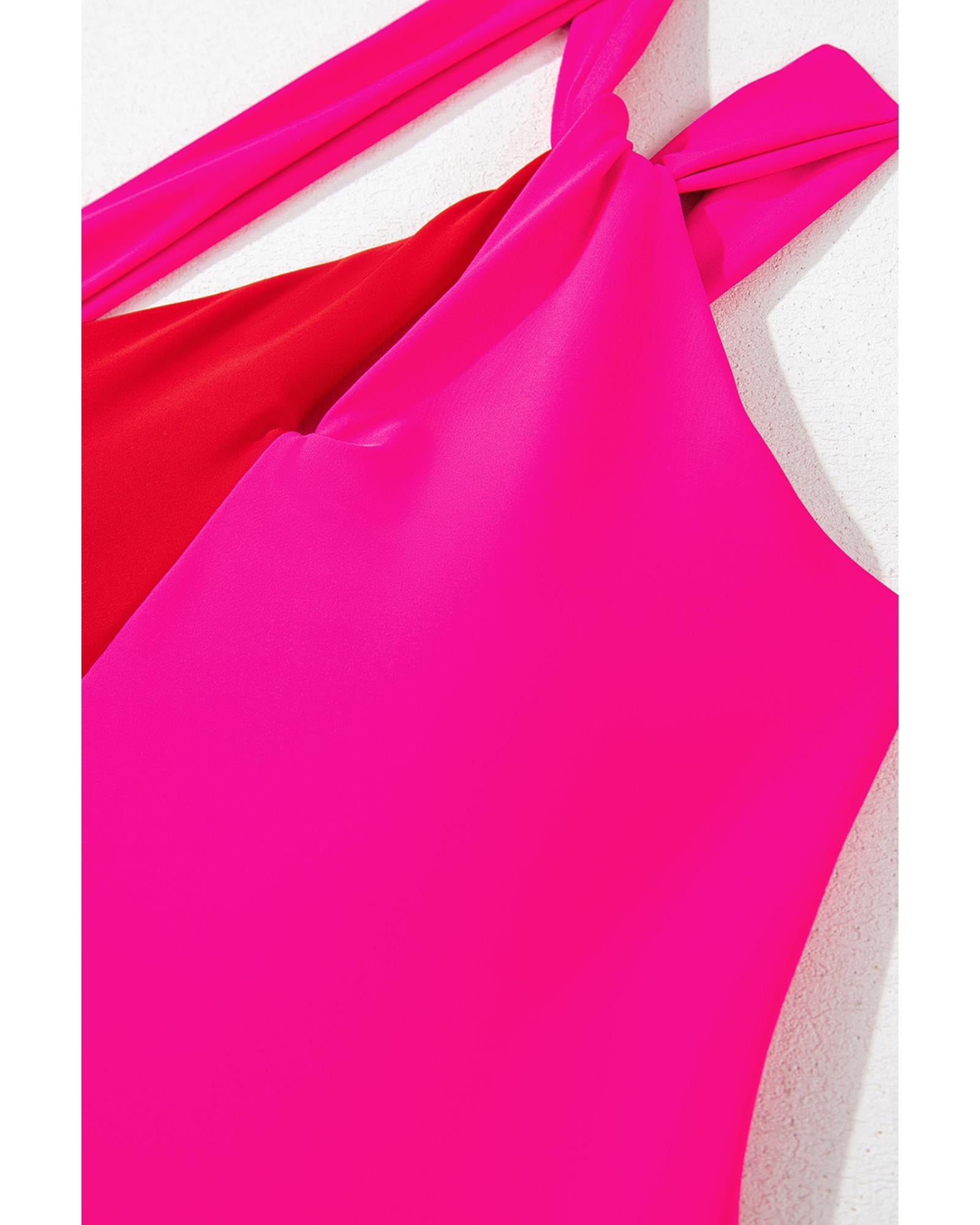 Rose Red Knotted One Shoulder Two Tones Backless One Piece Swimsuit - L 7
