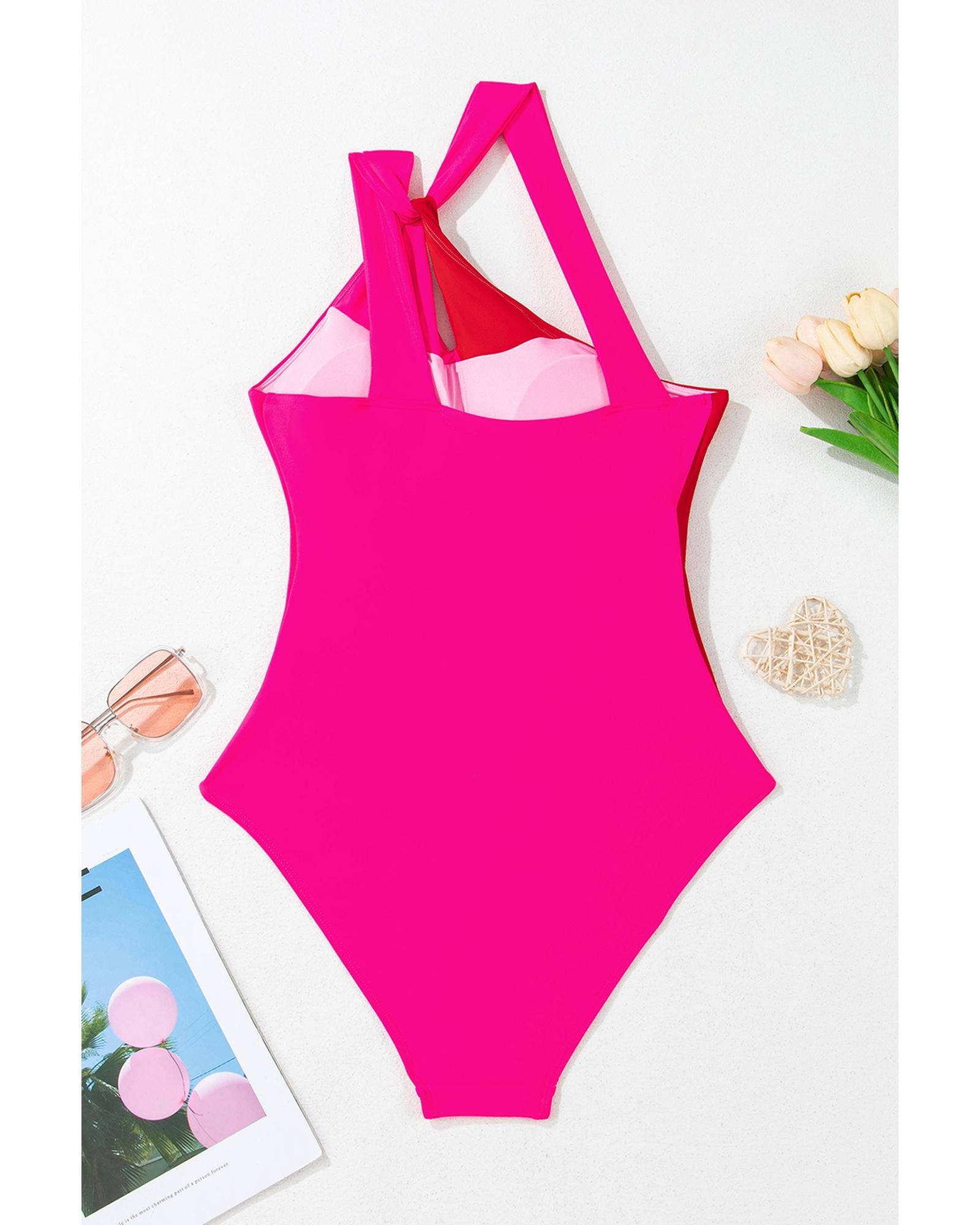 Rose Red Knotted One Shoulder Two Tones Backless One Piece Swimsuit - M 6