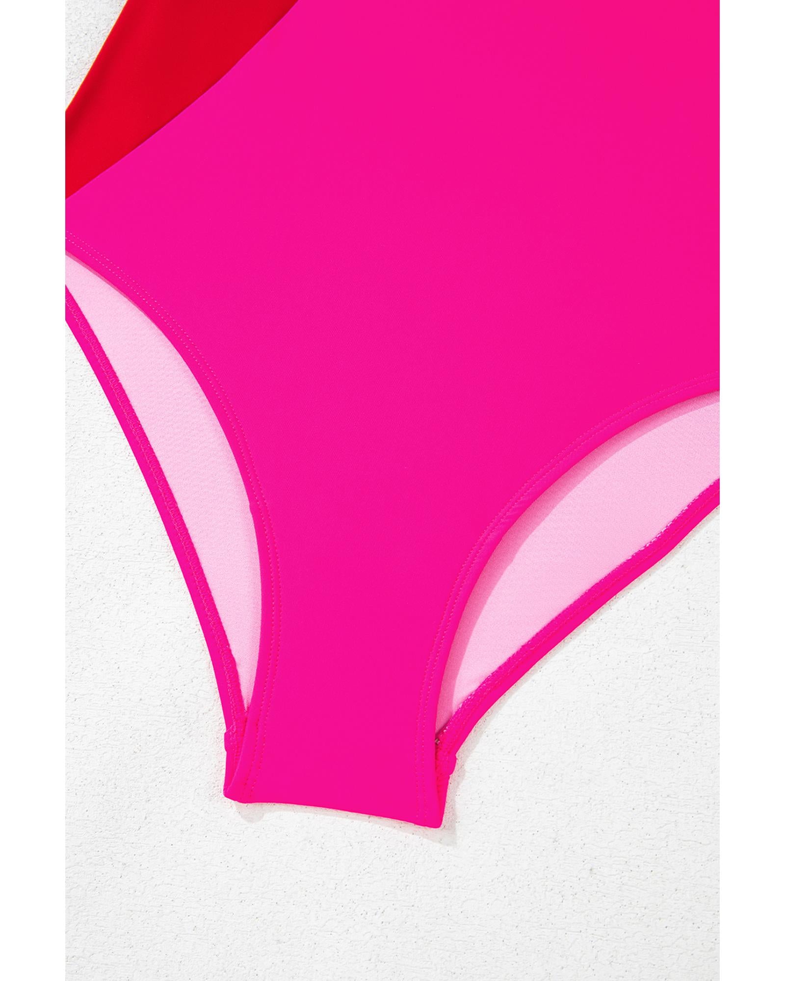 Rose Red Knotted One Shoulder Two Tones Backless One Piece Swimsuit - M 8