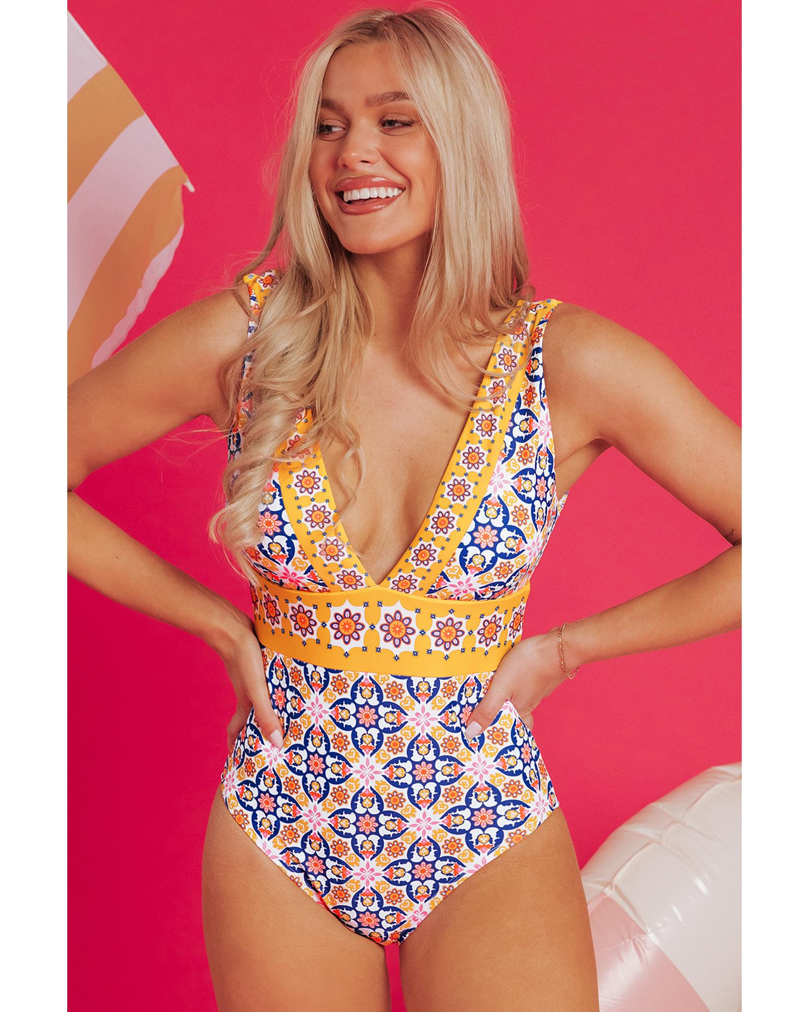 Yellow Floral Print V Neck One Piece Swimsuit - M 5