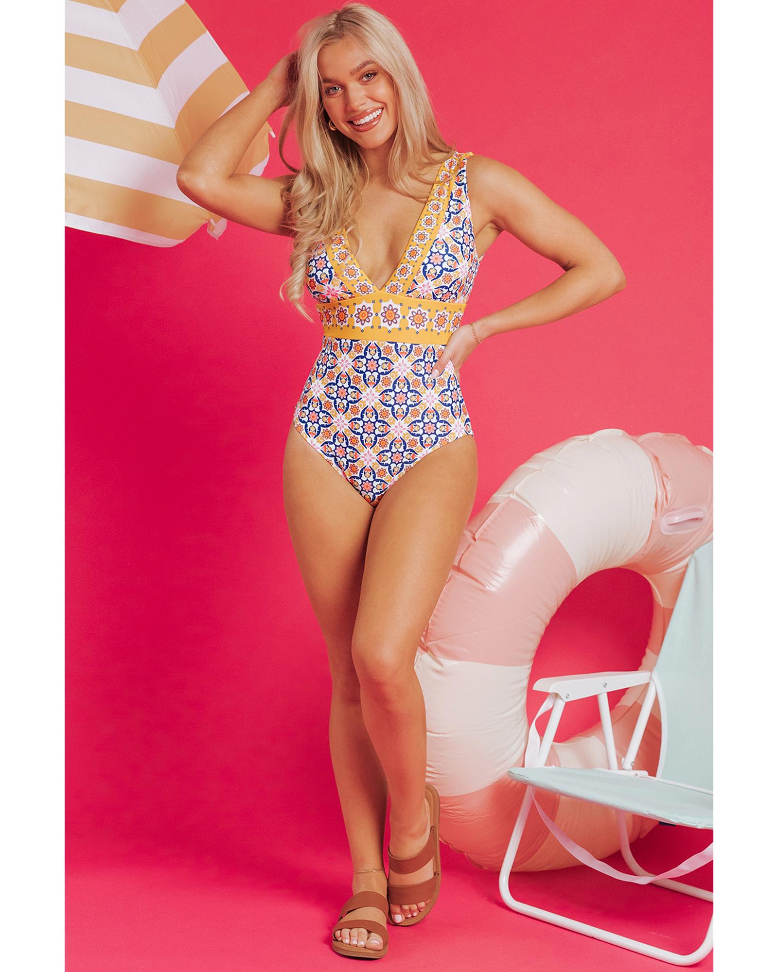 Yellow Floral Print V Neck One Piece Swimsuit - M 7