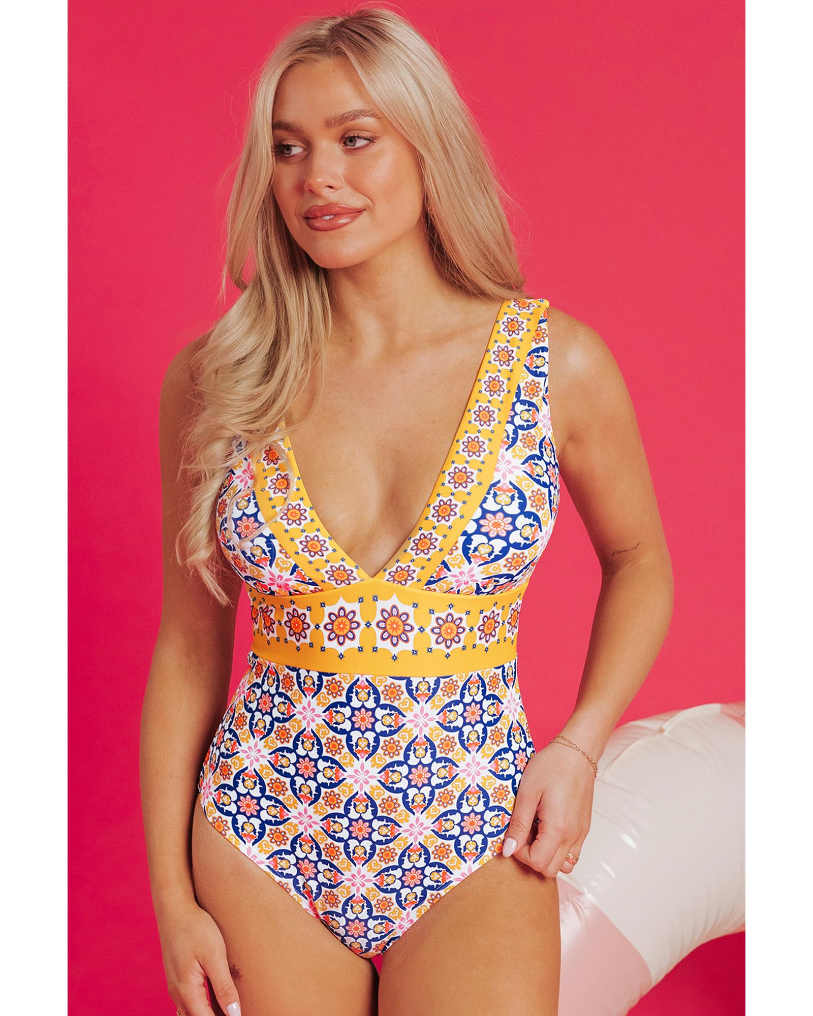 Yellow Floral Print V Neck One Piece Swimsuit - XL 6