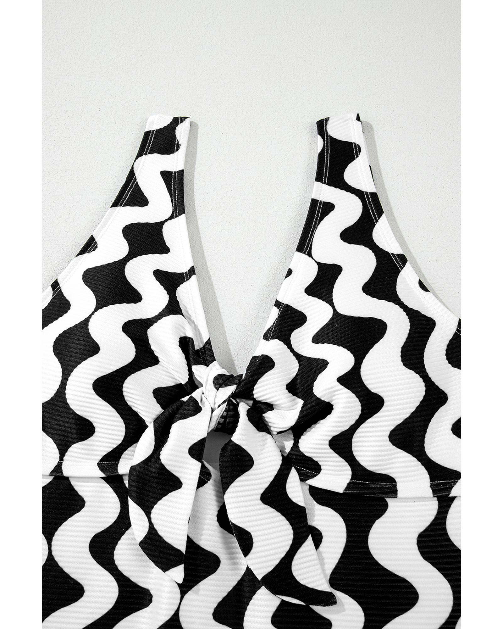 Black Stripe Bowknot Ricrac Print V Neck Low Back Cut One Piece Swimsuit - M 3