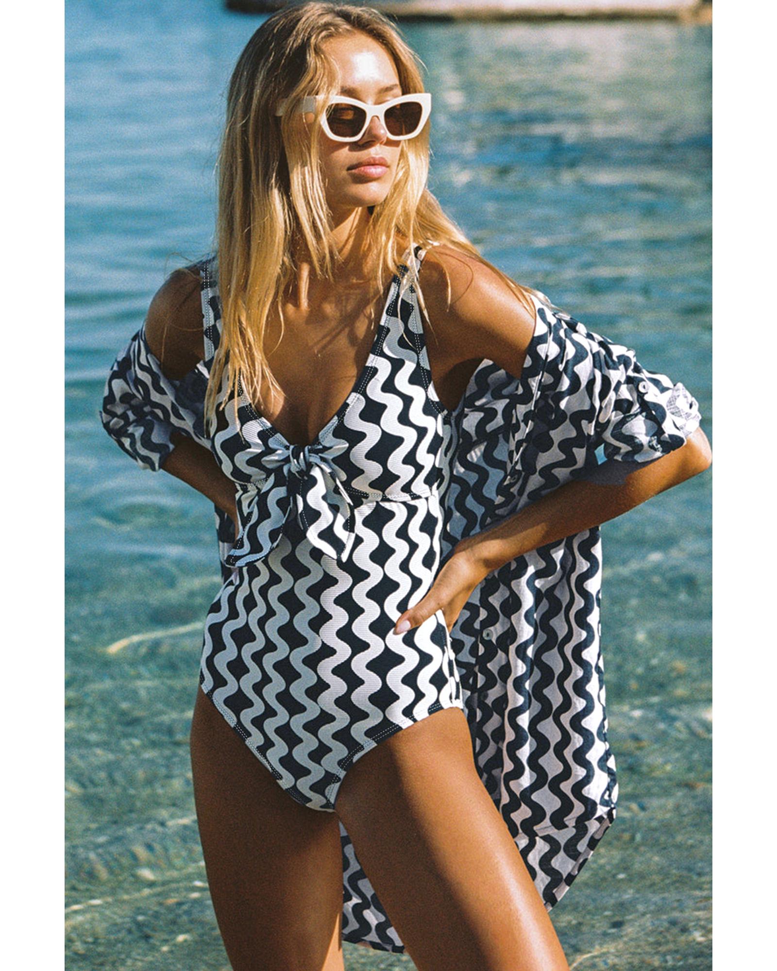 Black Stripe Bowknot Ricrac Print V Neck Low Back Cut One Piece Swimsuit - M 7
