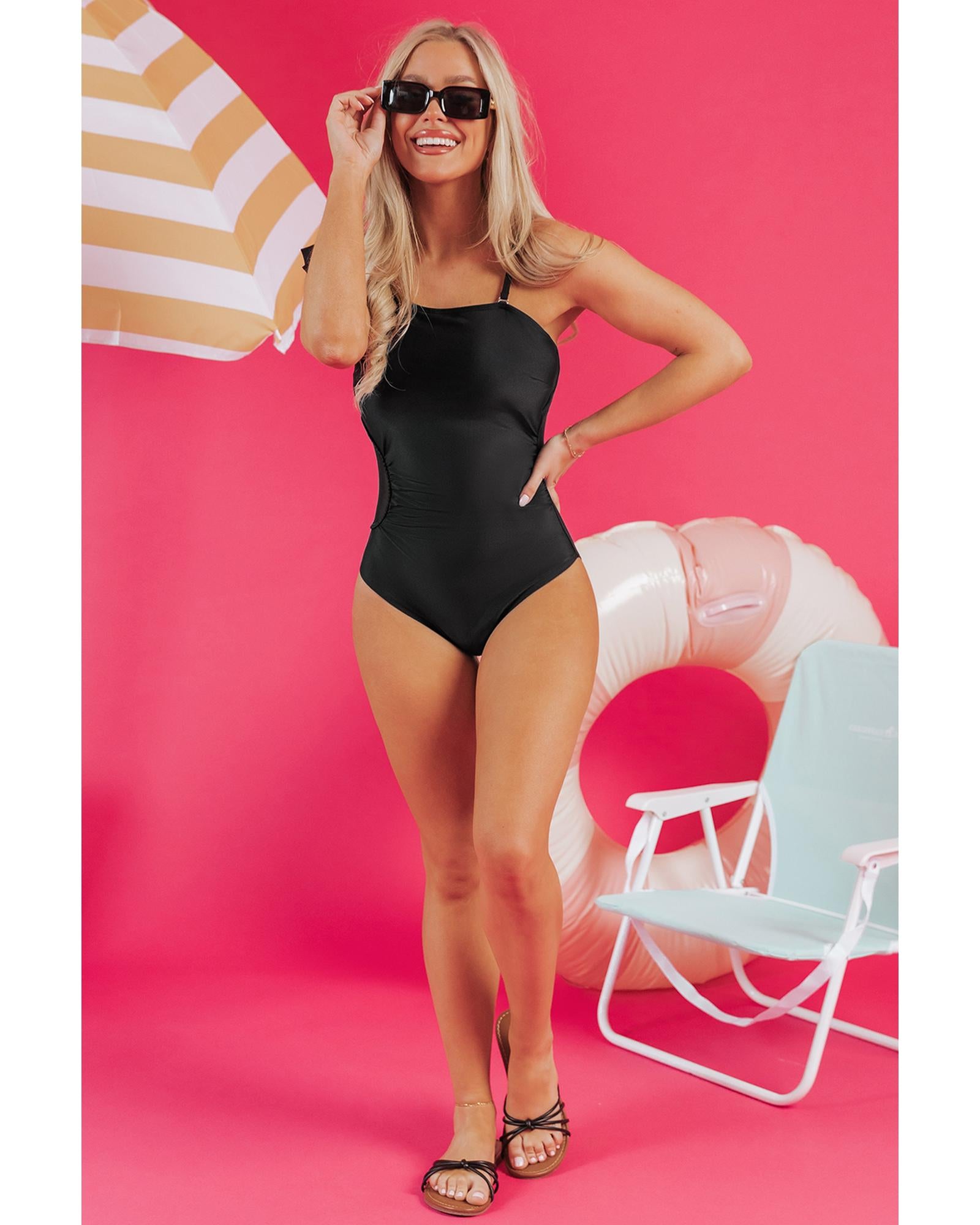 Black Asymmetric Ruffle Shoulder Pleated One Piece Swimsuit - 2XL 6