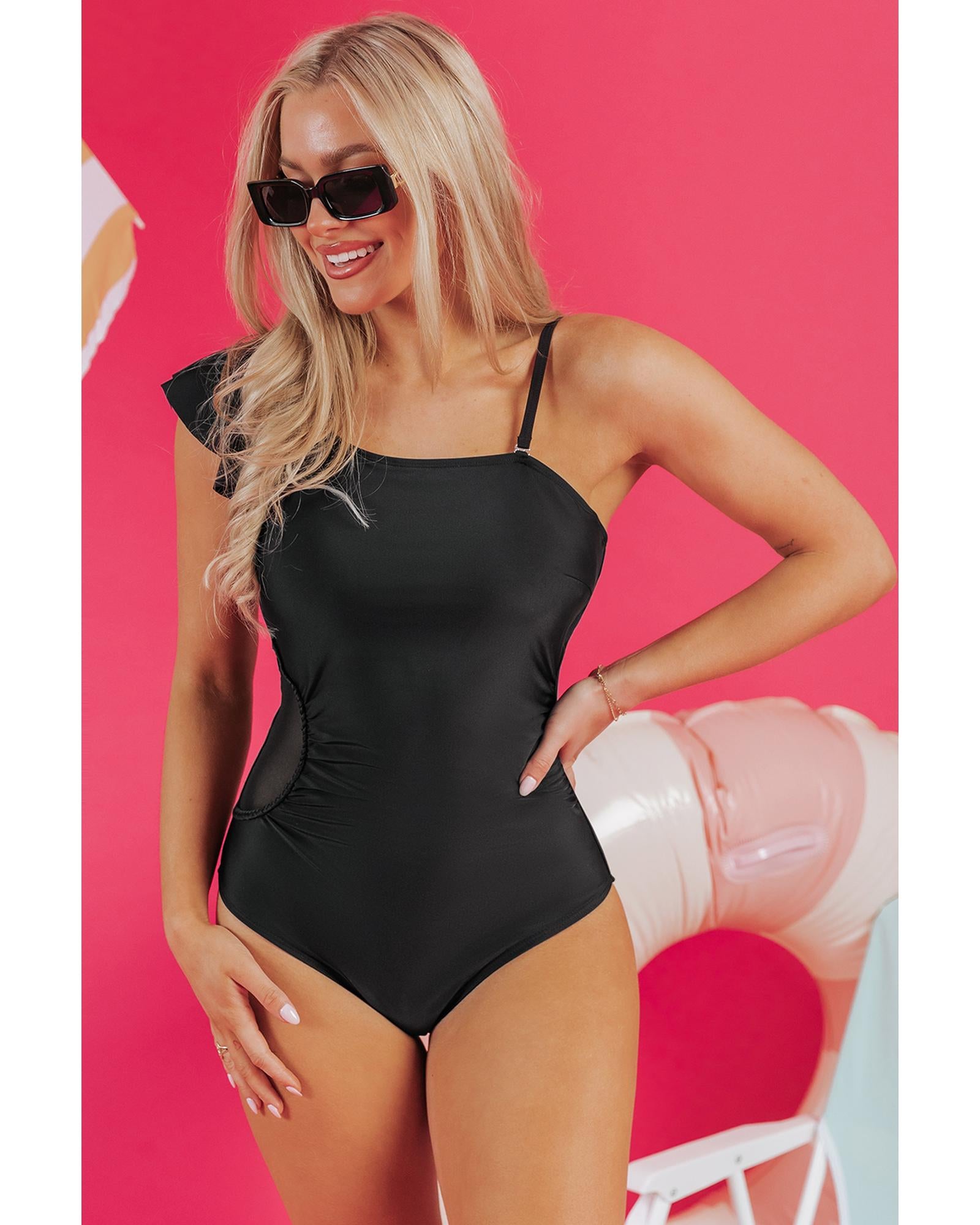 Black Asymmetric Ruffle Shoulder Pleated One Piece Swimsuit - M 3