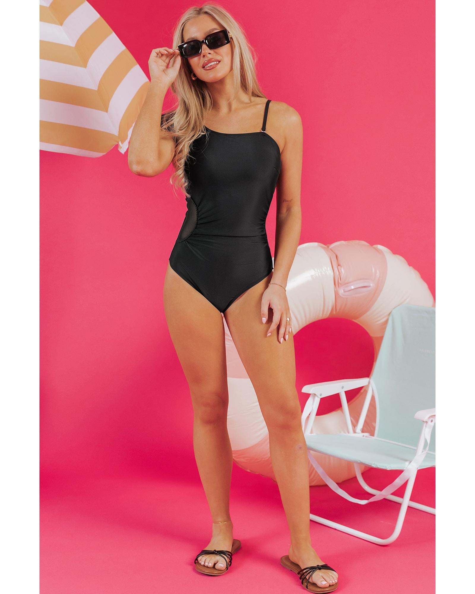 Black Asymmetric Ruffle Shoulder Pleated One Piece Swimsuit - M 6