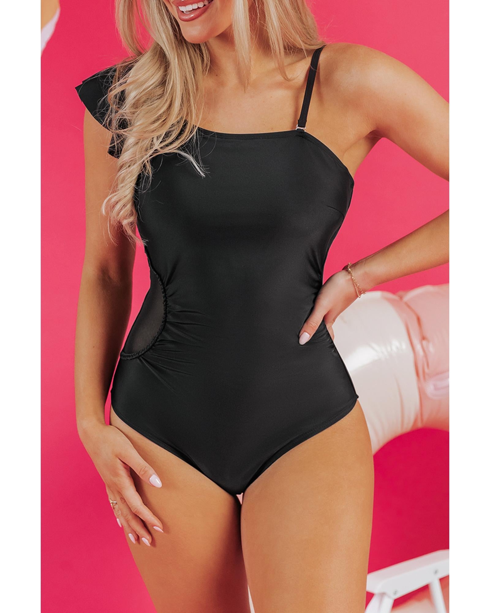 Black Asymmetric Ruffle Shoulder Pleated One Piece Swimsuit - M 8