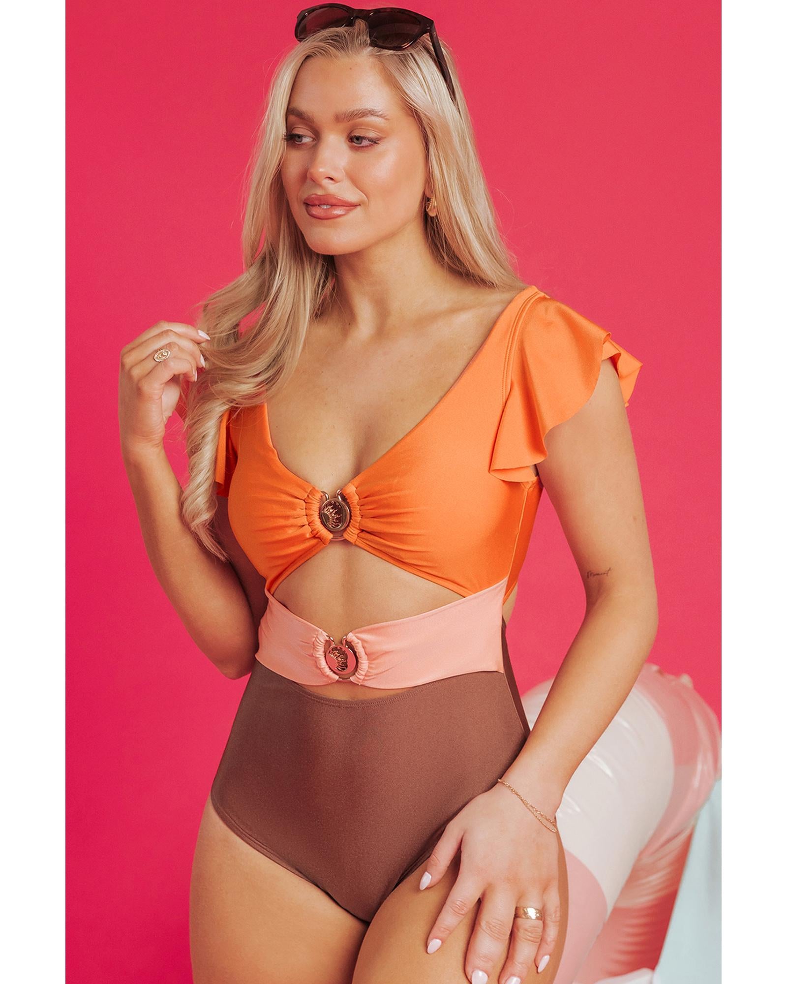 Orange Ruffle Sleeve Tricolor Cutout Front Ring One Piece Swimsuit - M 3