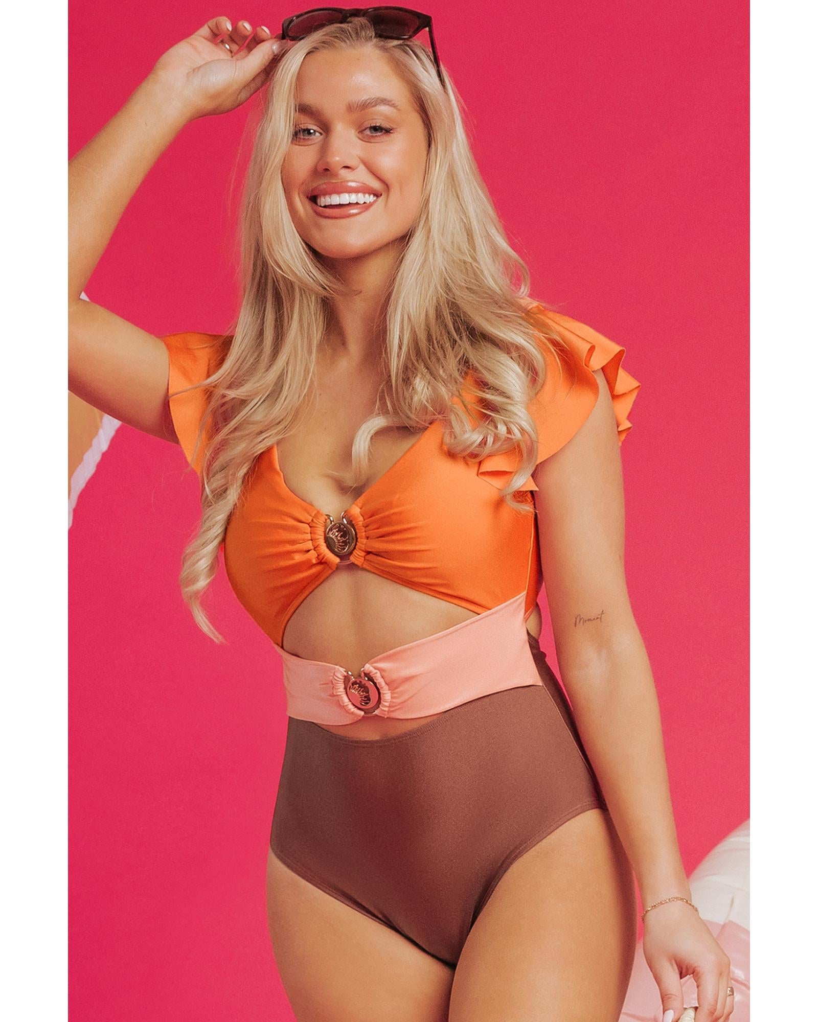 Orange Ruffle Sleeve Tricolor Cutout Front Ring One Piece Swimsuit - M 4