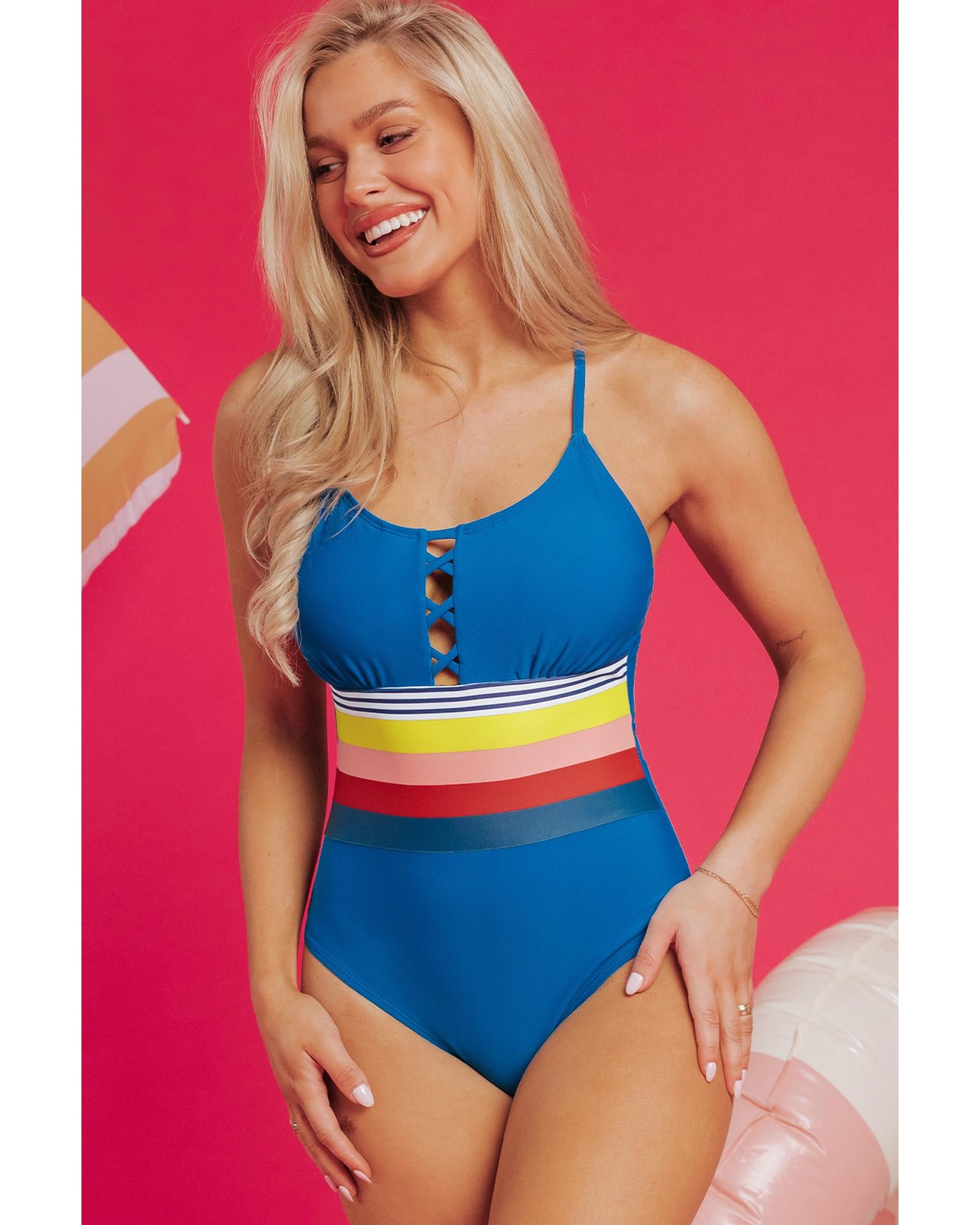 Prussian Blue Contrast Stripe Accent Crisscross One Piece Swimwear - L 5