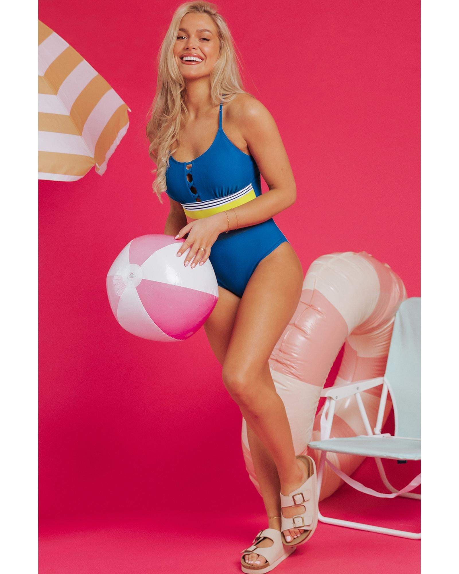 Prussian Blue Contrast Stripe Accent Crisscross One Piece Swimwear - L 6