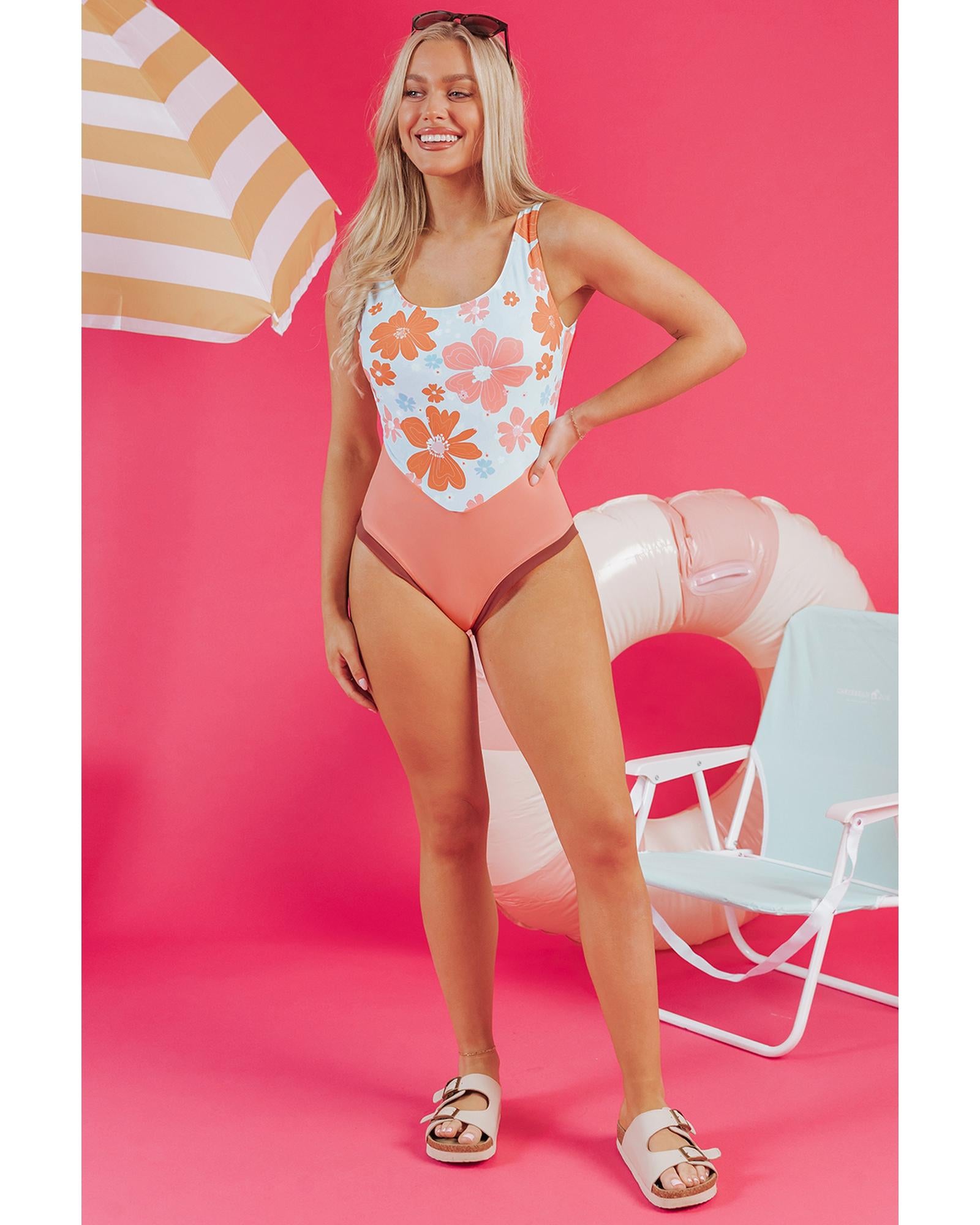 Orange Floral Patchwork Backless One Piece Swimsuit - L 5