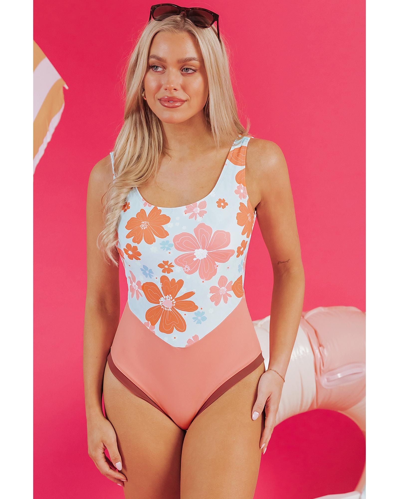 Orange Floral Patchwork Backless One Piece Swimsuit - L 7