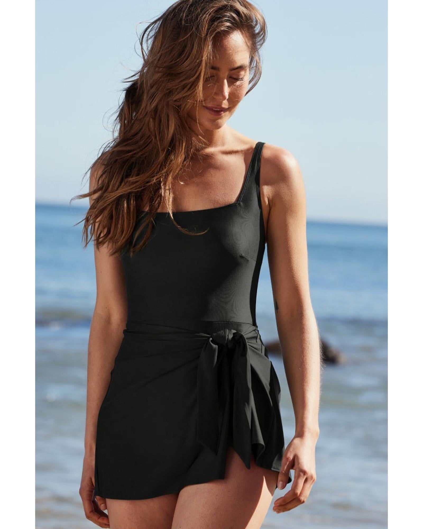 Black Side Tied Waist Square Neck Adjustable Straps A-line One Piece Swim Dress - M 3