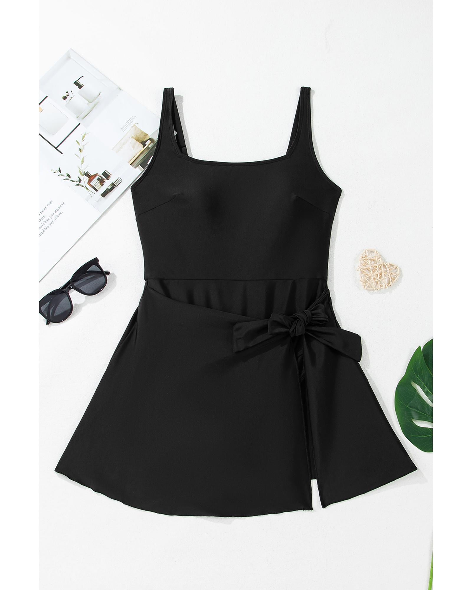 Black Side Tied Waist Square Neck Adjustable Straps A-line One Piece Swim Dress - M 6