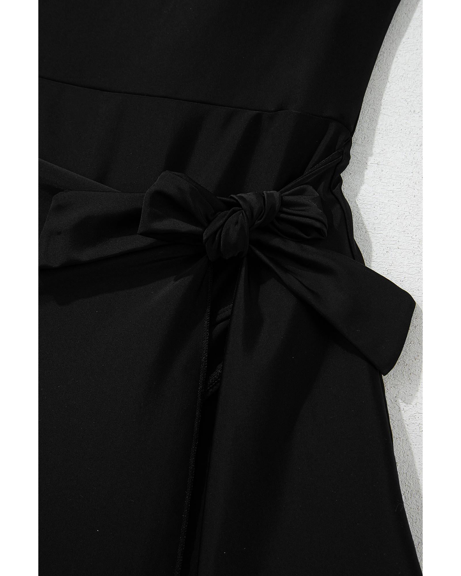 Black Side Tied Waist Square Neck Adjustable Straps A-line One Piece Swim Dress - M 7