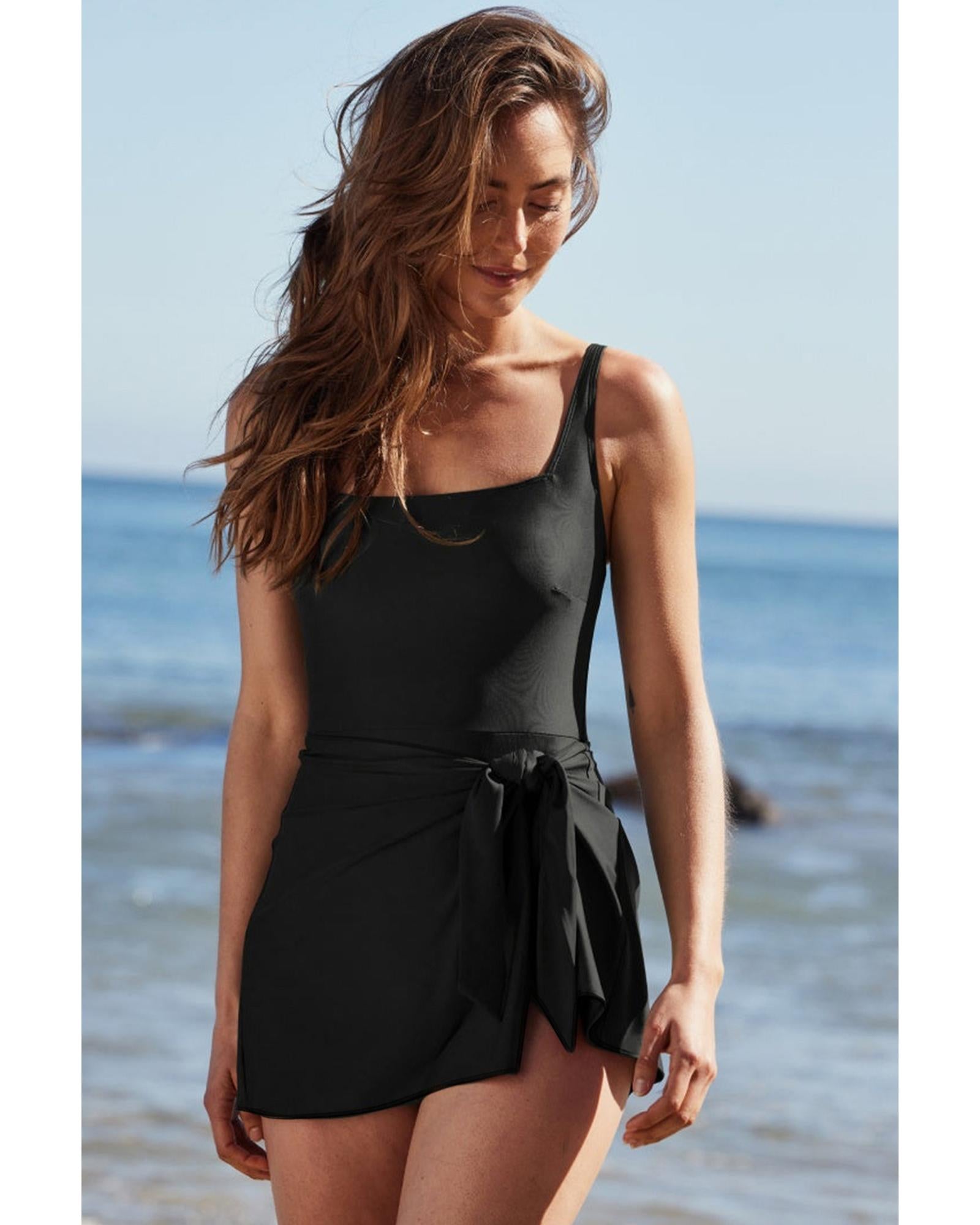 Black Side Tied Waist Square Neck Adjustable Straps A-line One Piece Swim Dress - S 5