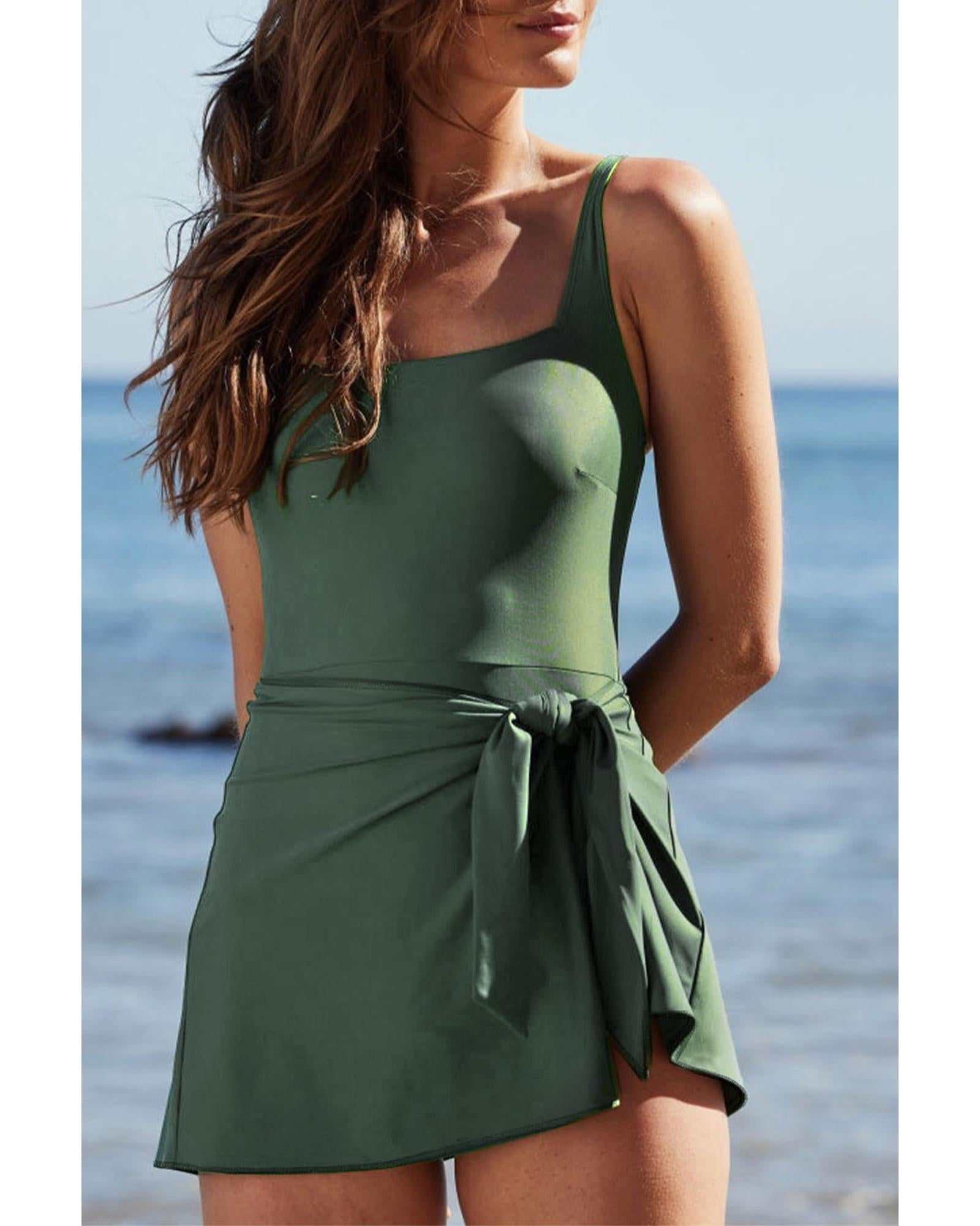 Mist Green Side Tied Waist Square Neck Adjustable Straps A-line One Piece Swim Dress - L