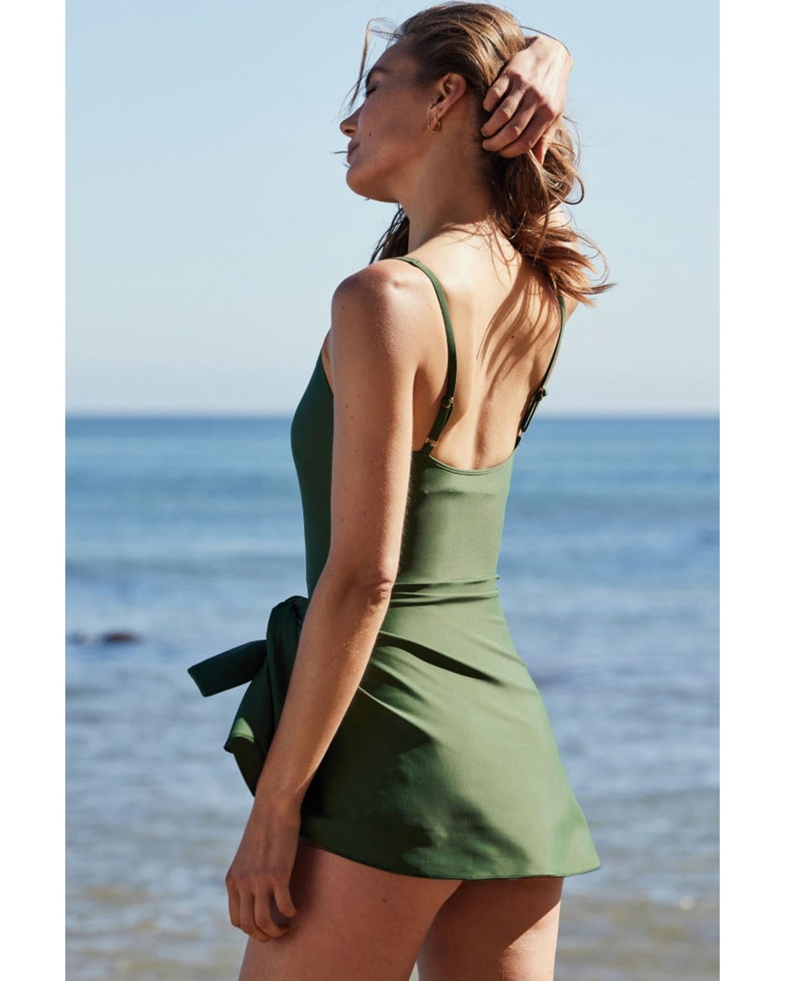 Mist Green Side Tied Waist Square Neck Adjustable Straps A-line One Piece Swim Dress - M 3