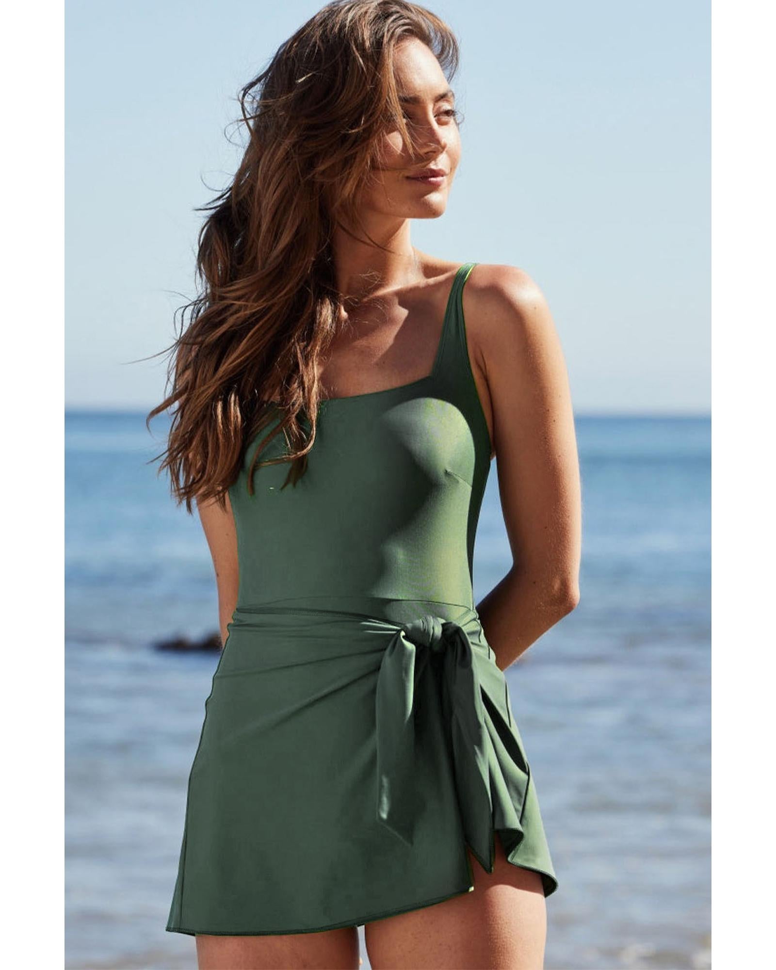 Mist Green Side Tied Waist Square Neck Adjustable Straps A-line One Piece Swim Dress - M 4