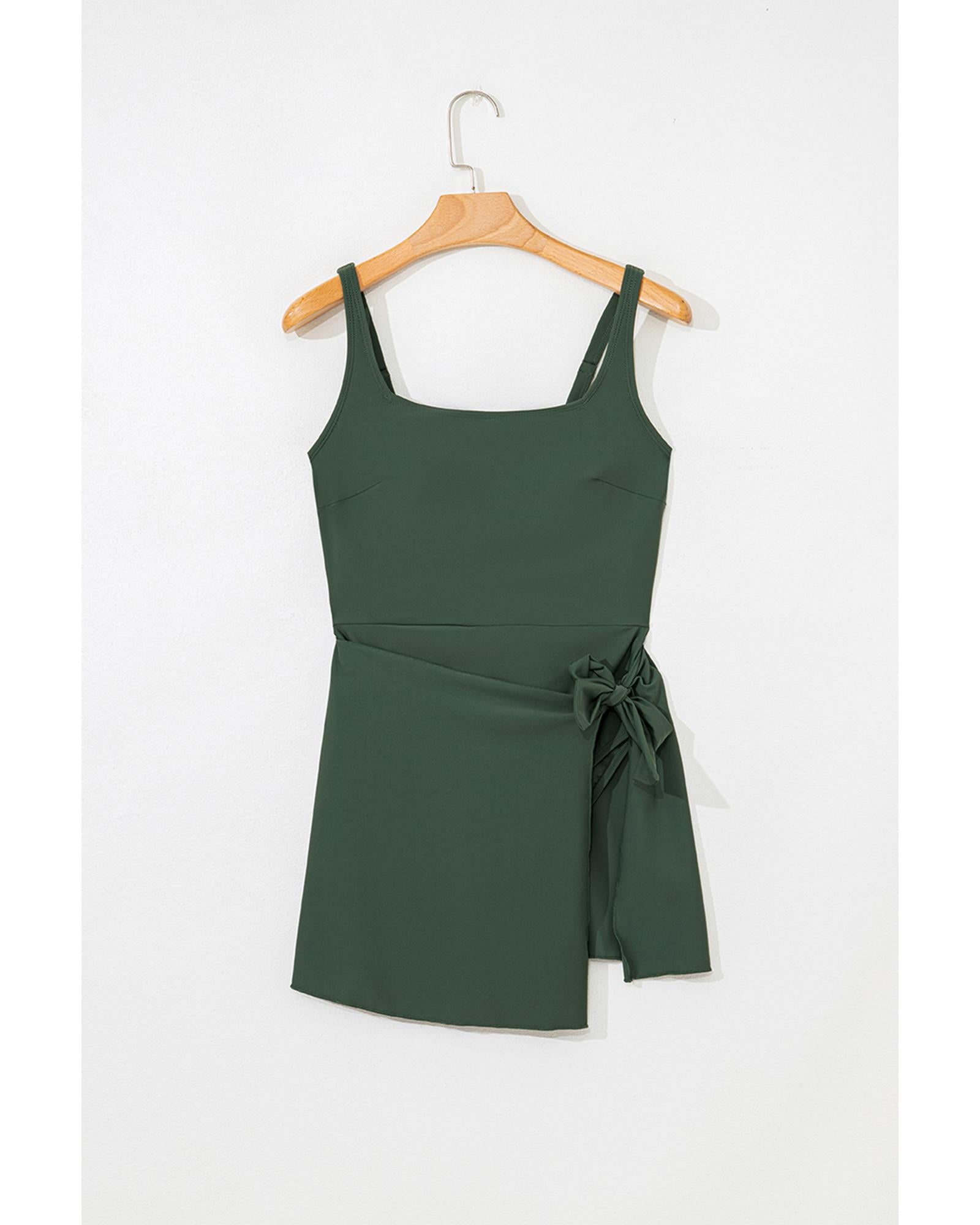Mist Green Side Tied Waist Square Neck Adjustable Straps A-line One Piece Swim Dress - M 5