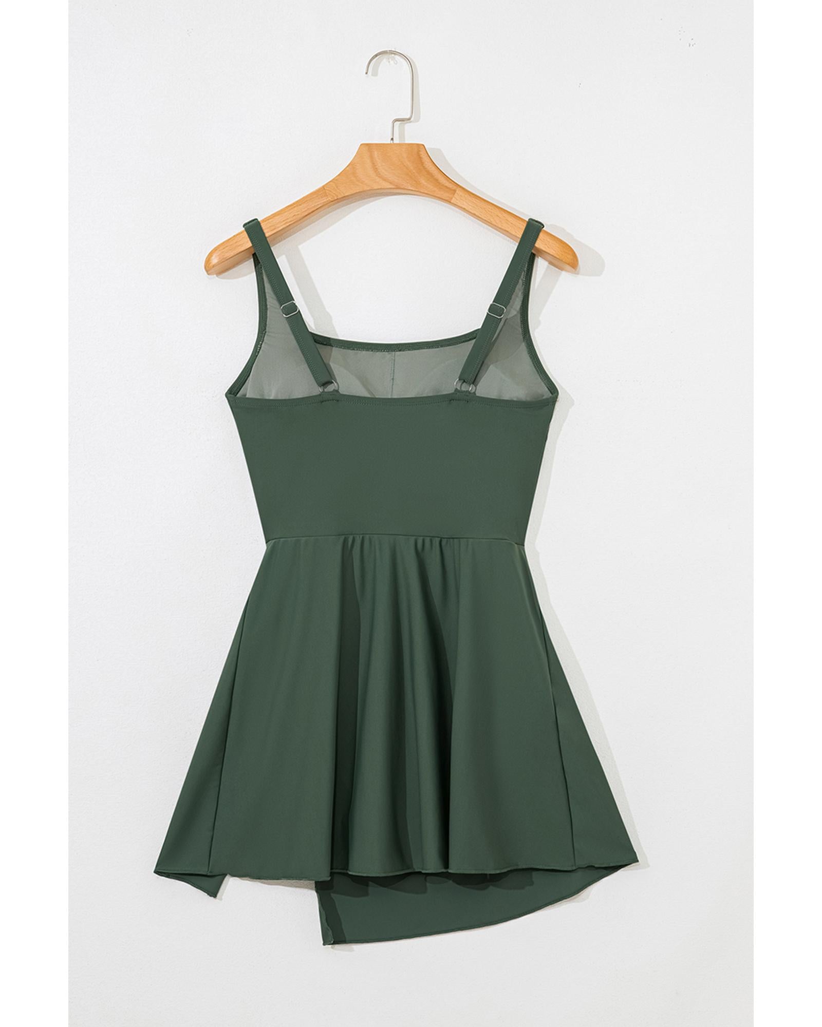 Mist Green Side Tied Waist Square Neck Adjustable Straps A-line One Piece Swim Dress - M 6