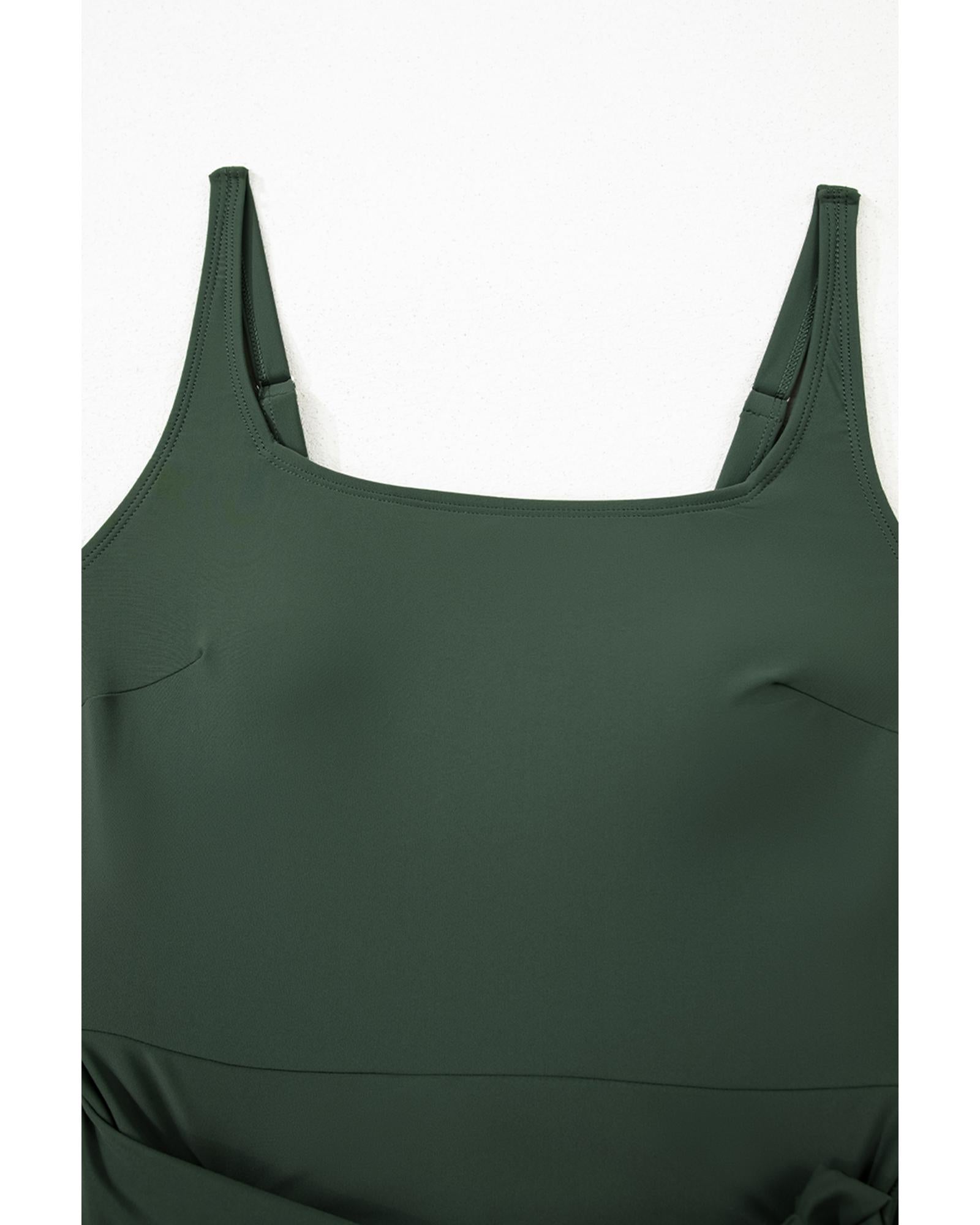 Mist Green Side Tied Waist Square Neck Adjustable Straps A-line One Piece Swim Dress - M 7