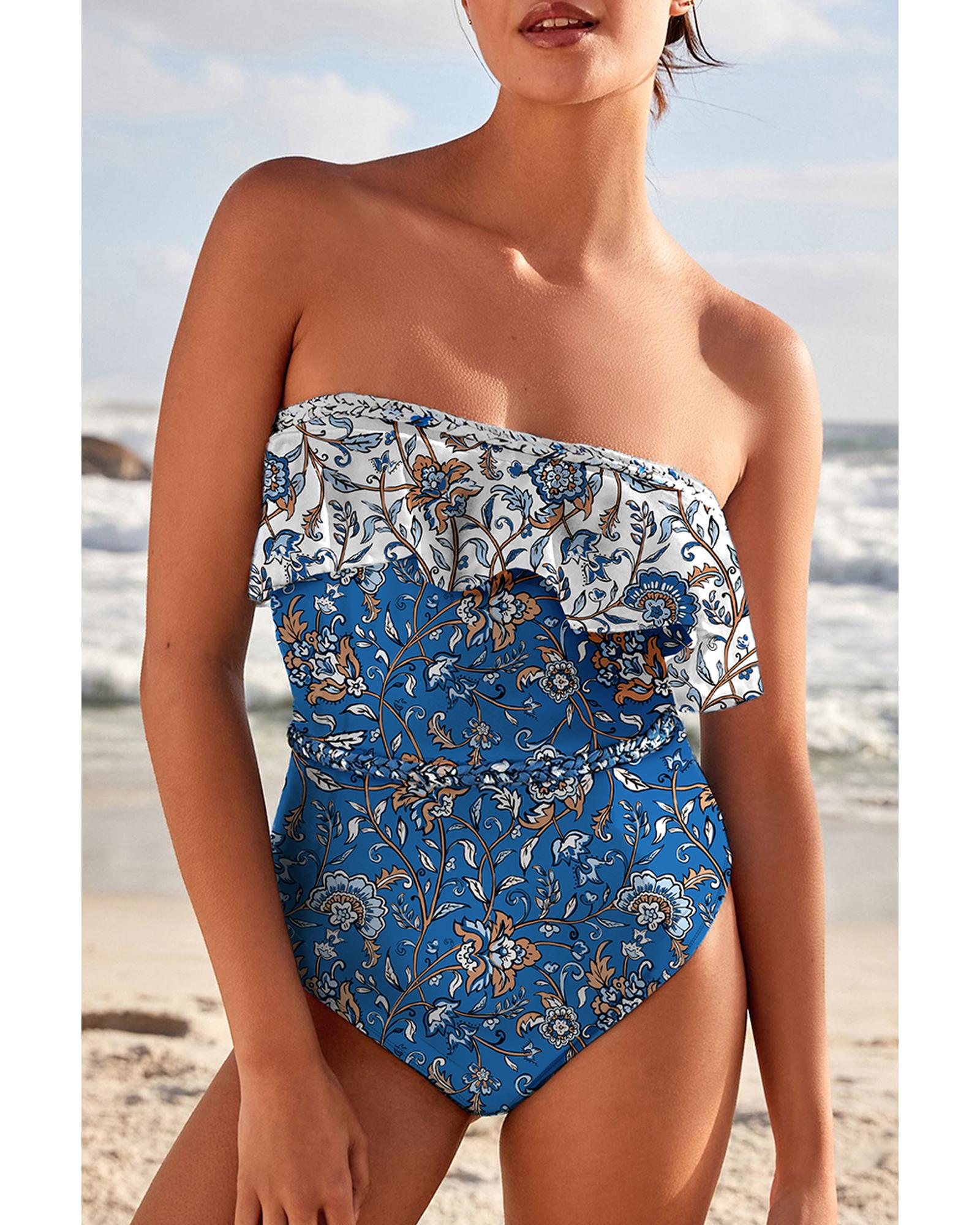 Sky Blue Floral Printed Ruffle Removable Strap One Piece Swimsuit - M 8
