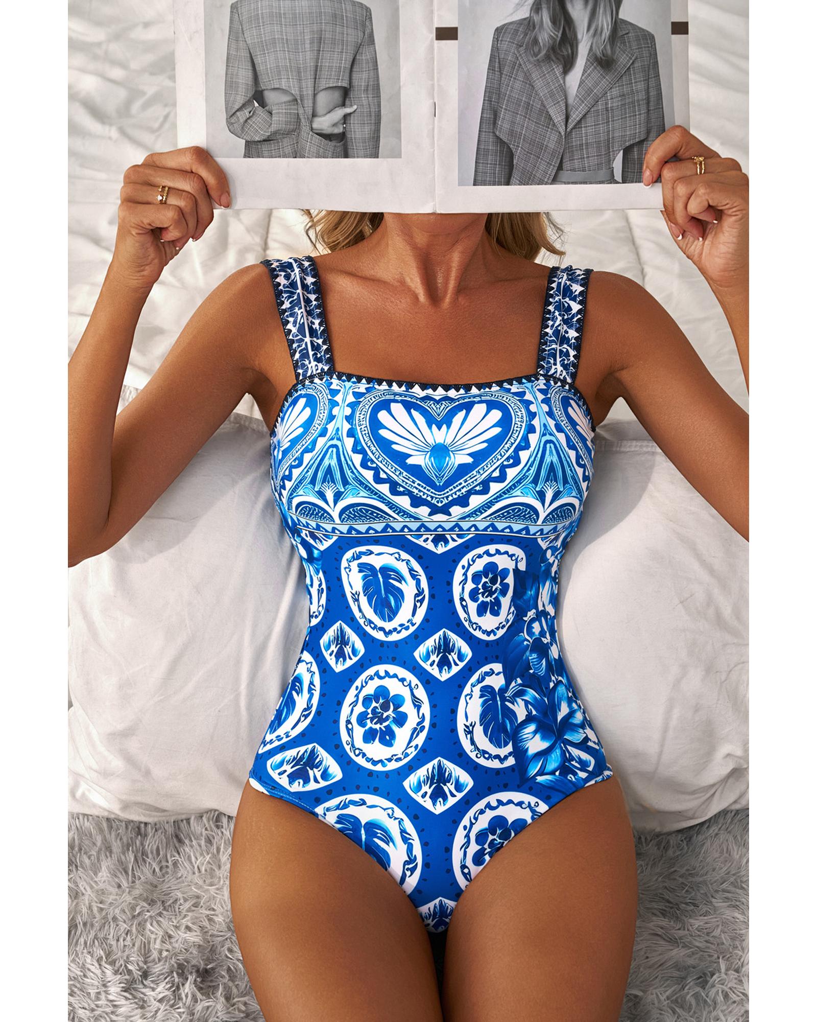 Blue Tile Pattern Ricrac Wide Straps Sheath One Piece Swimsuit - L 6