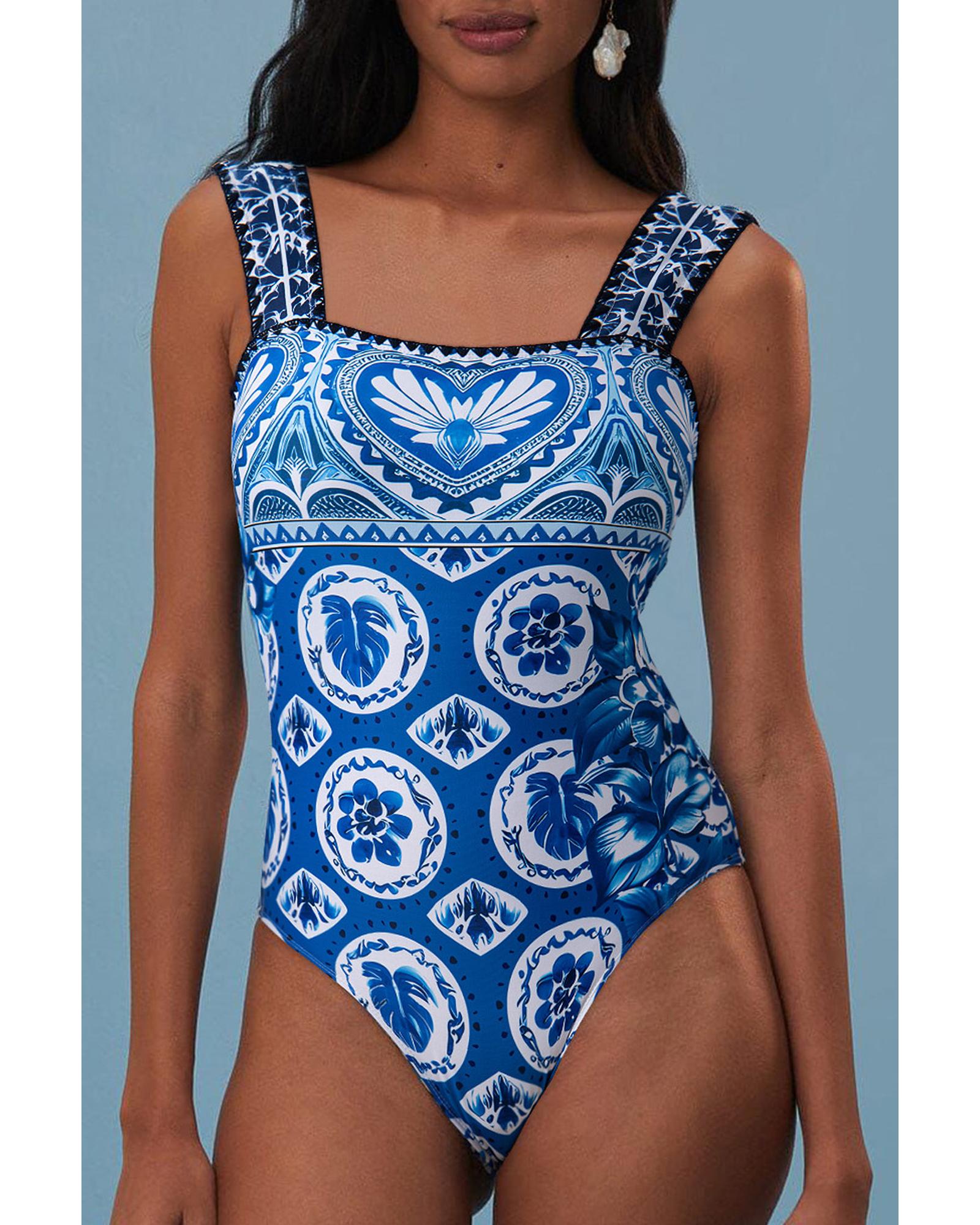 Blue Tile Pattern Ricrac Wide Straps Sheath One Piece Swimsuit - L 7