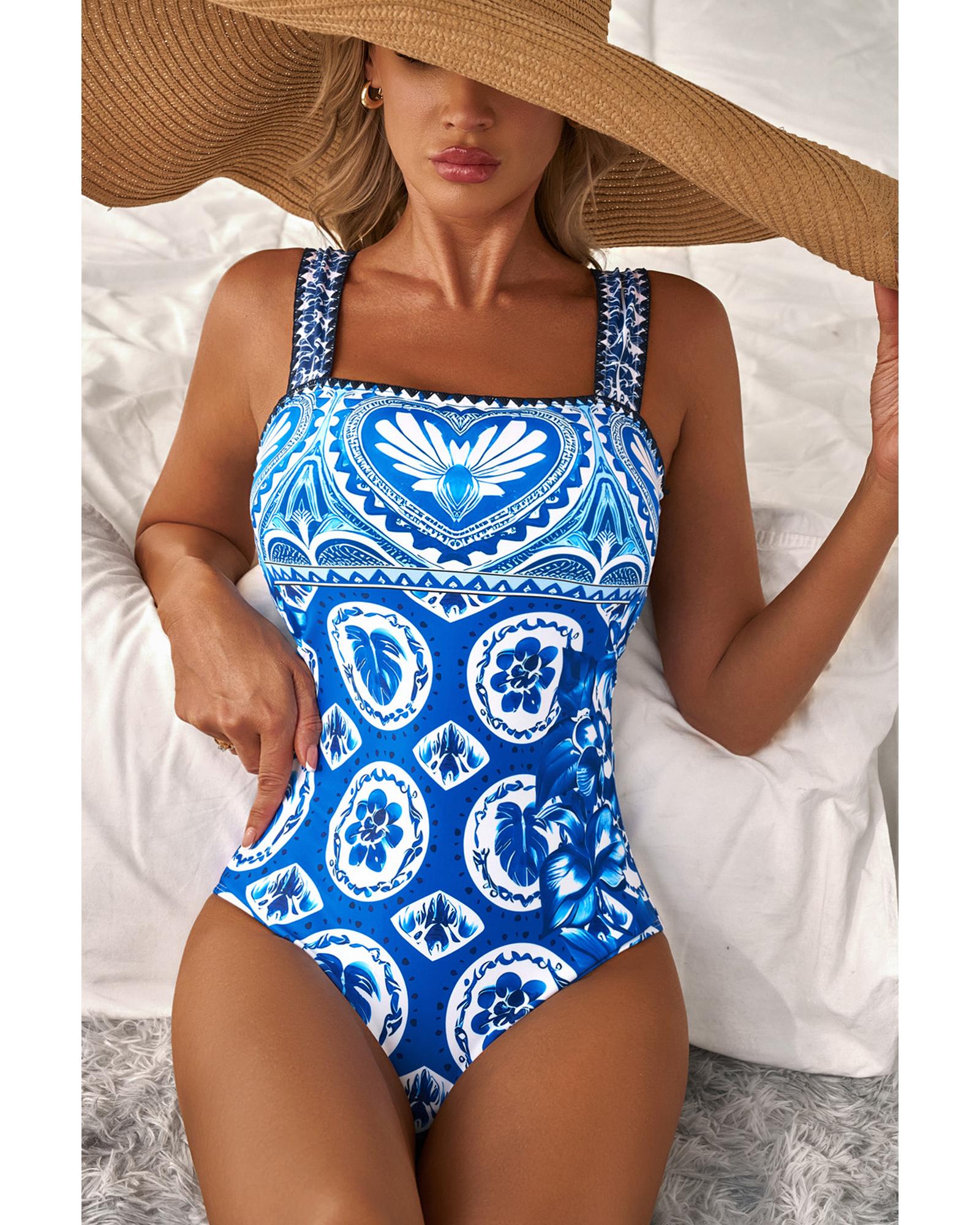 Blue Tile Pattern Ricrac Wide Straps Sheath One Piece Swimsuit - M 5