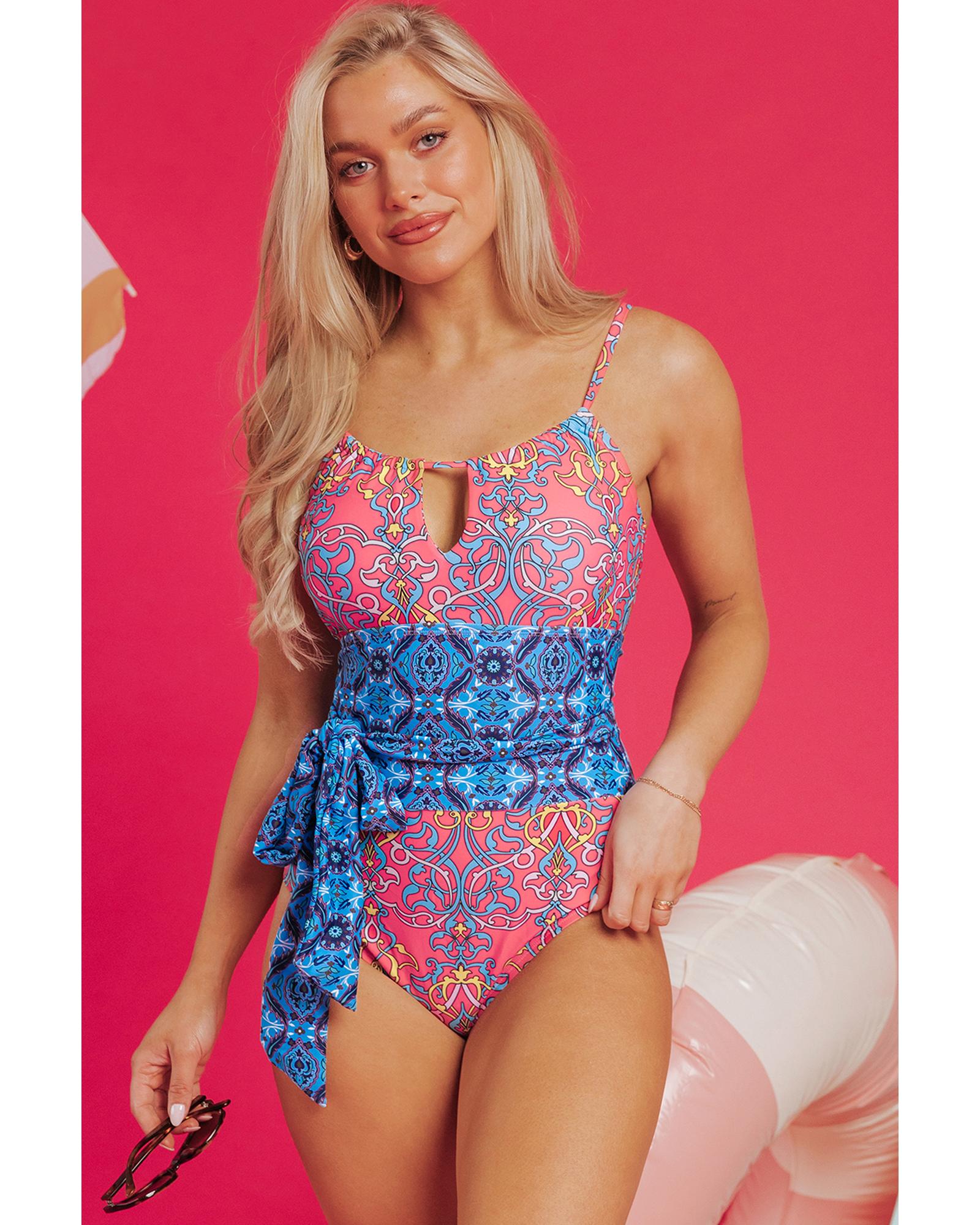 Blue Geometric Print Hollow Out Knotted Waist One Piece Swimsuit - L 5