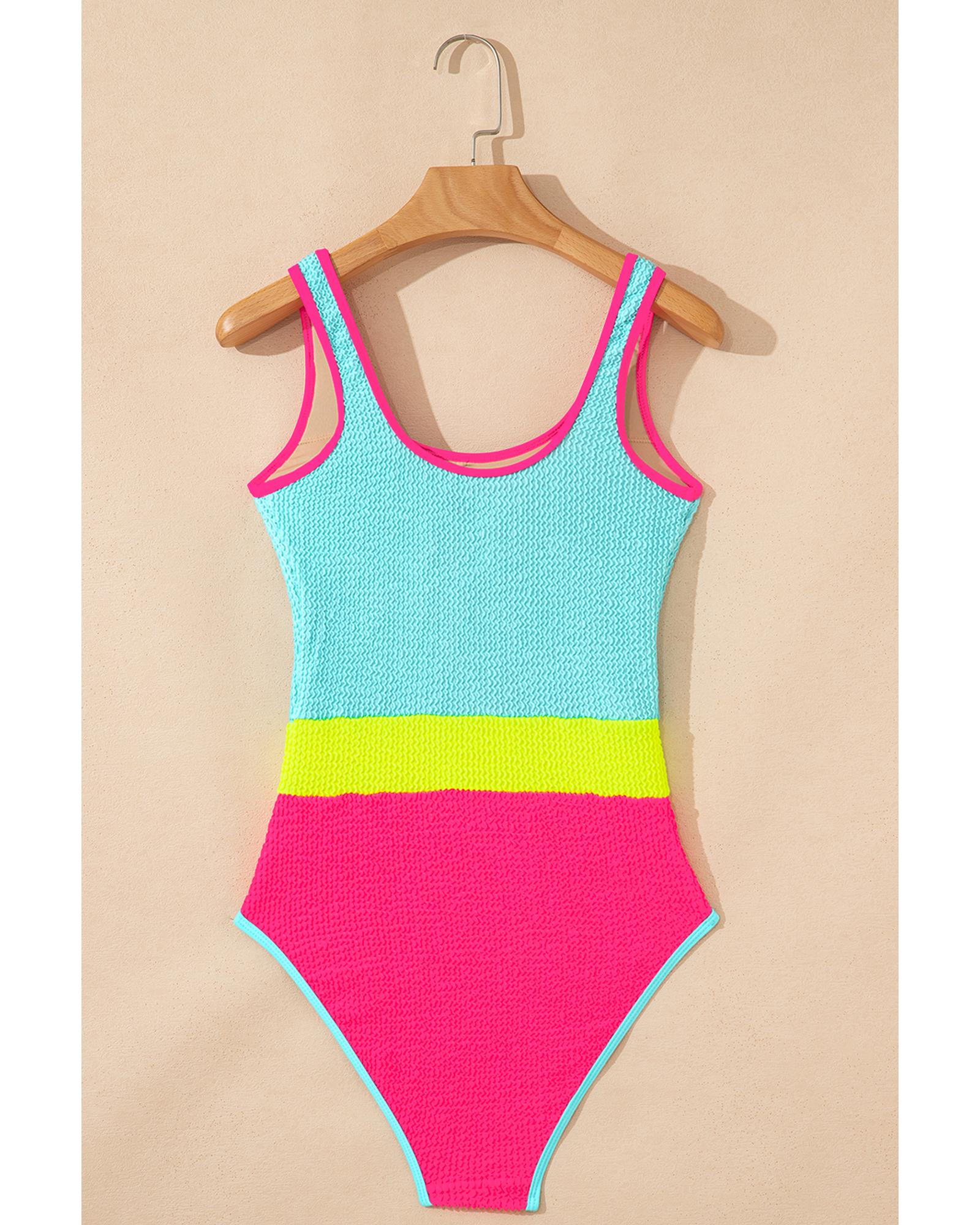 Iceland Blue Textured Color Block Patchwork One Piece Swimsuit - 2XL 7