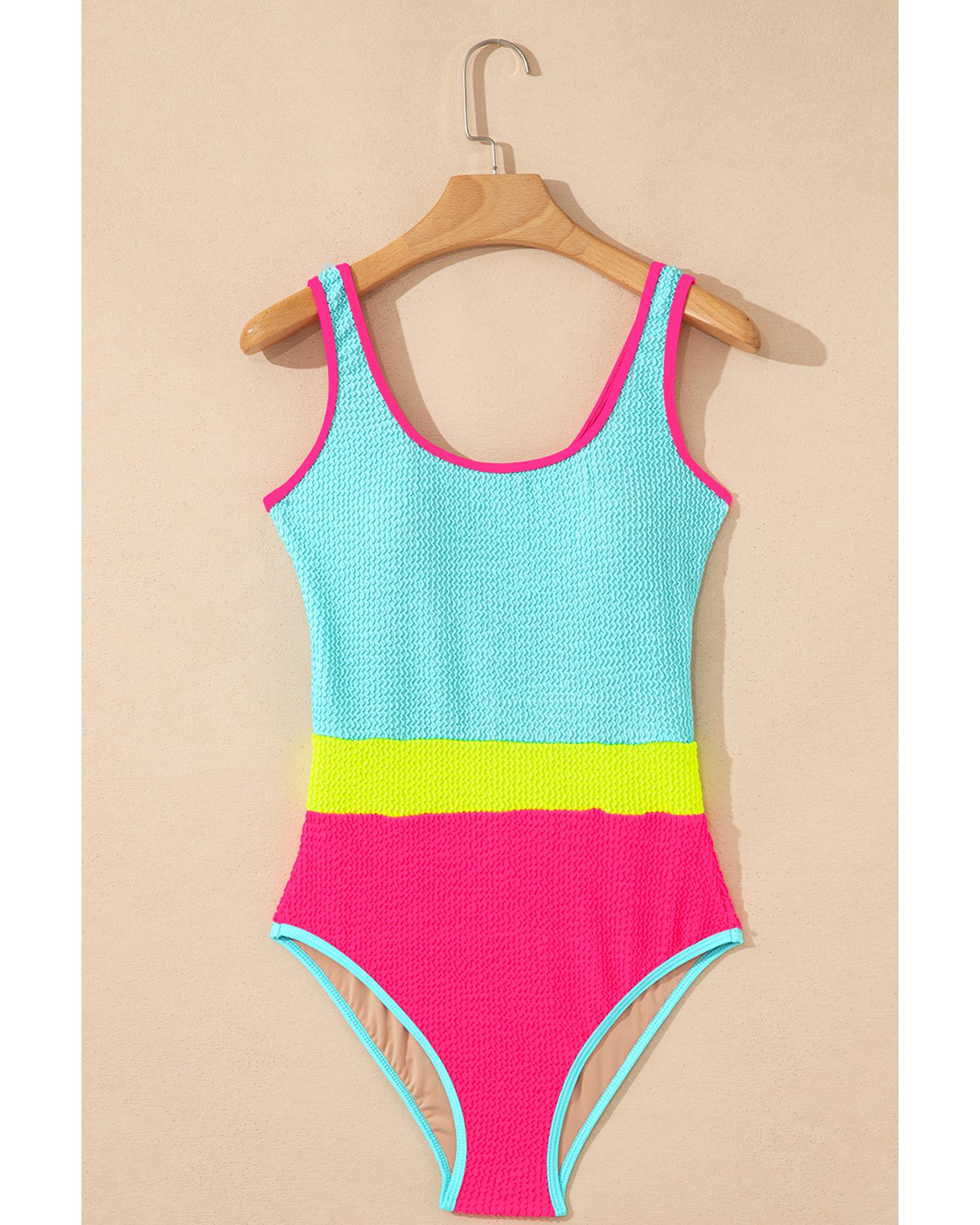 Iceland Blue Textured Color Block Patchwork One Piece Swimsuit - L 7