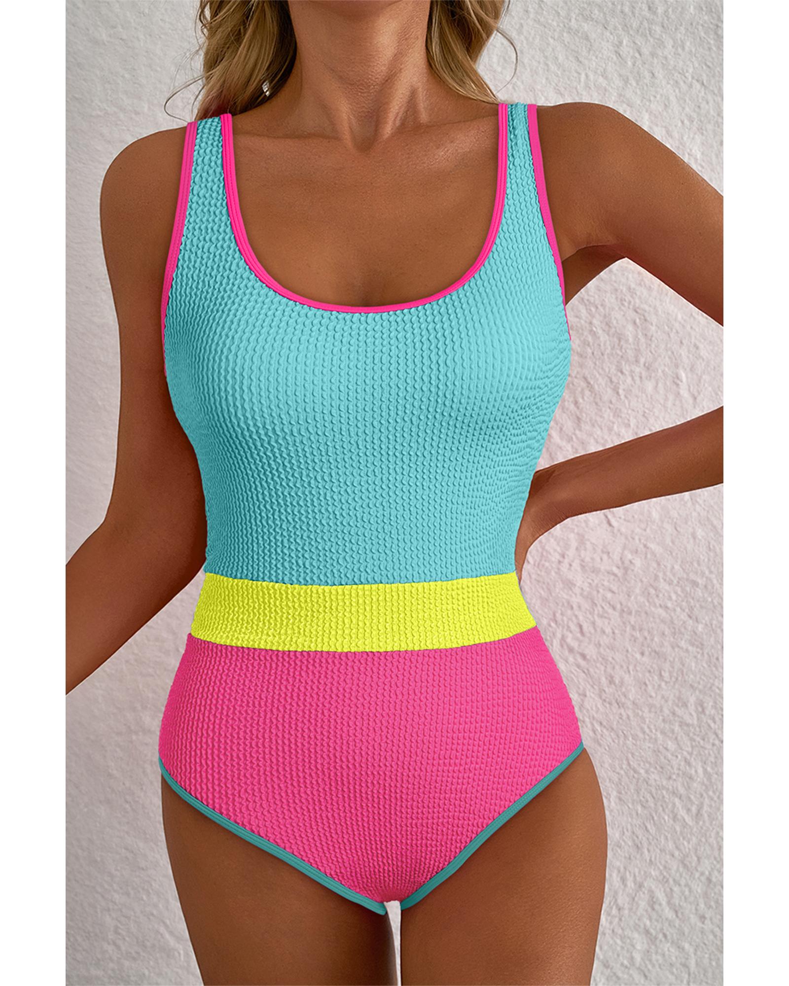 Iceland Blue Textured Color Block Patchwork One Piece Swimsuit - XL 5