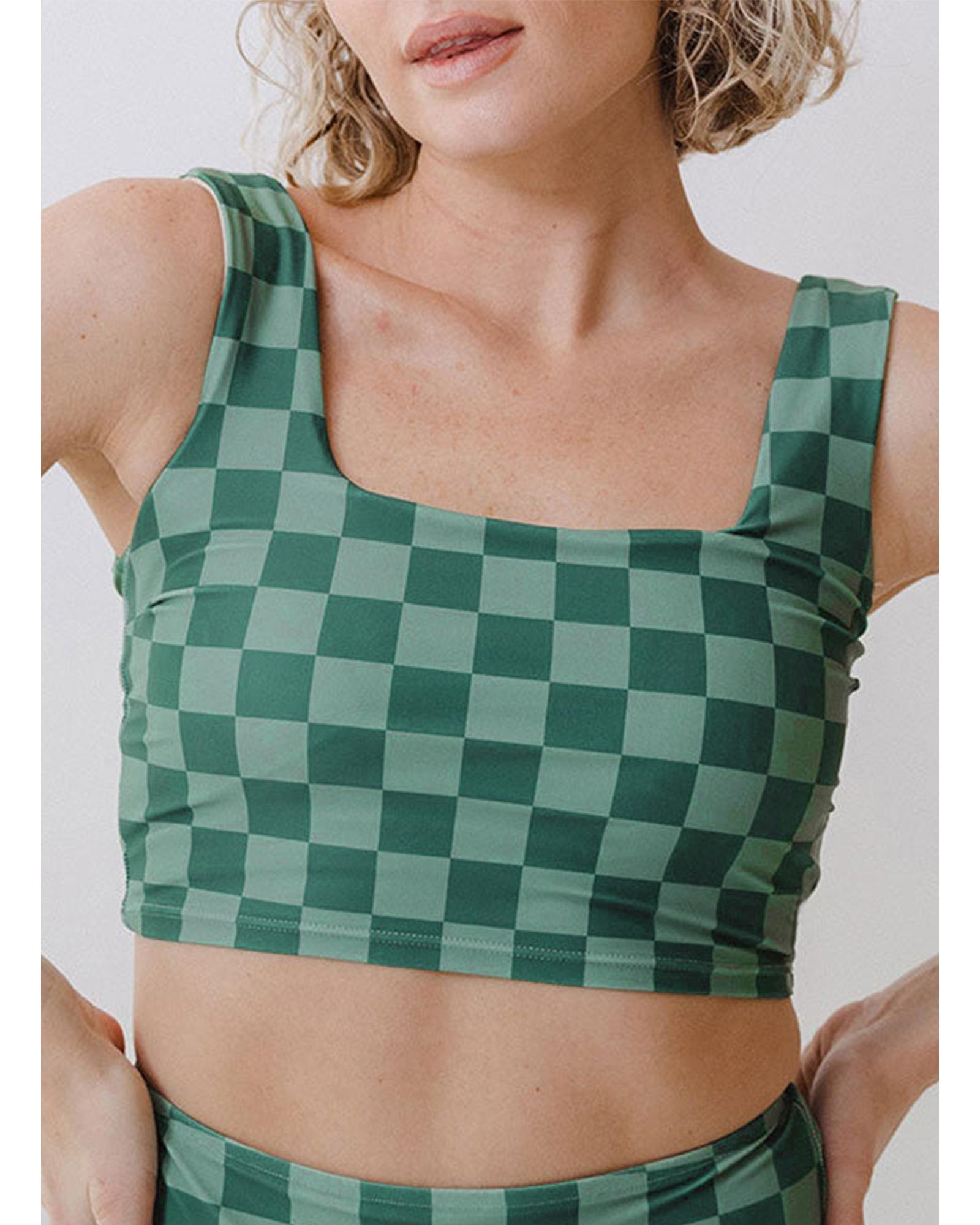 Green Checkered Print Square Neck Cropped Swim Top - 3XL 3