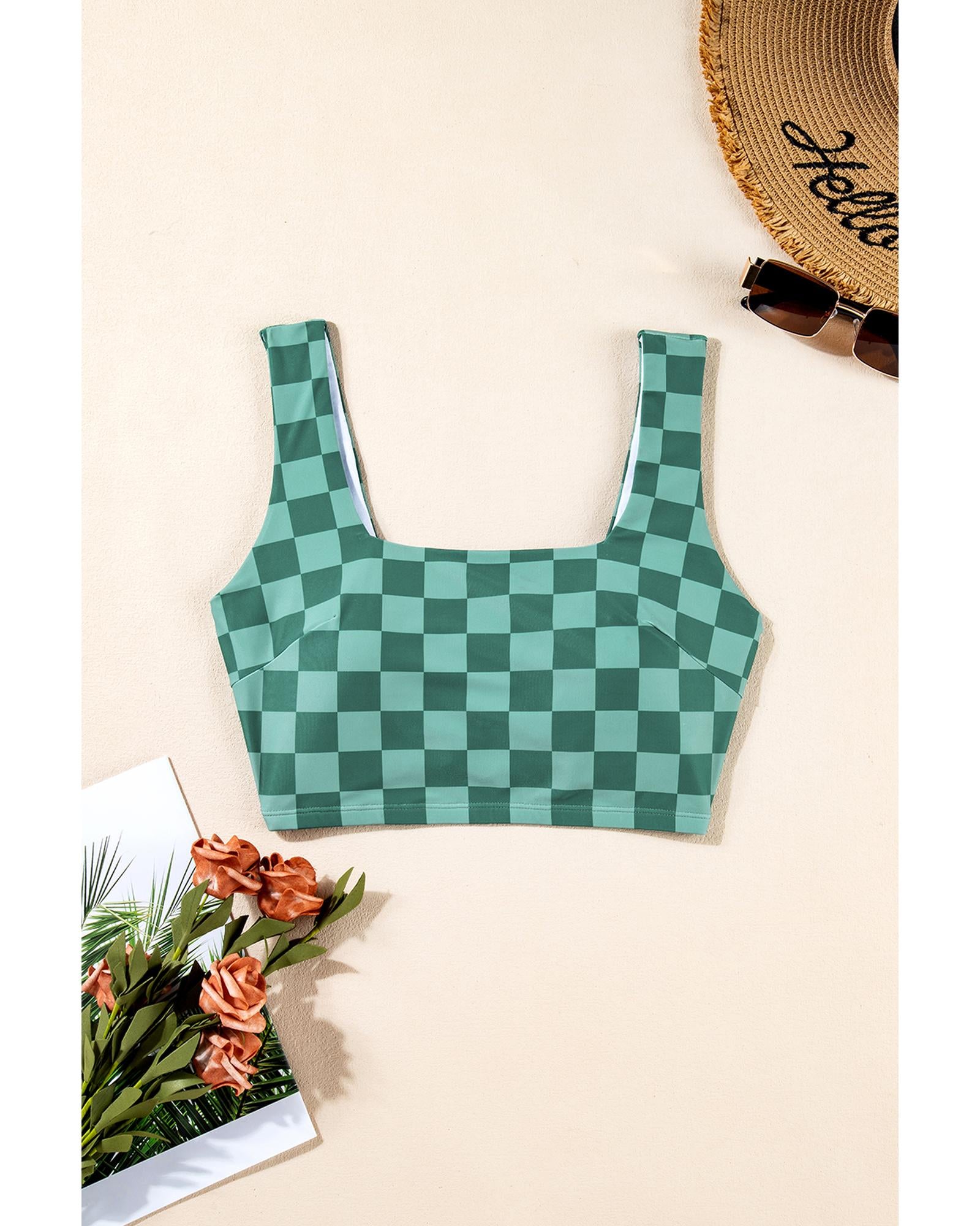 Green Checkered Print Square Neck Cropped Swim Top - 3XL 6