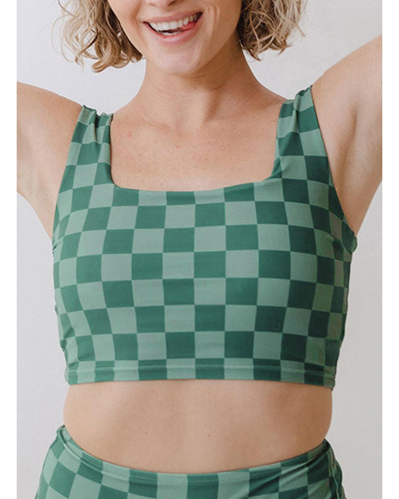 Green Checkered Print Square Neck Cropped Swim Top - XL 5